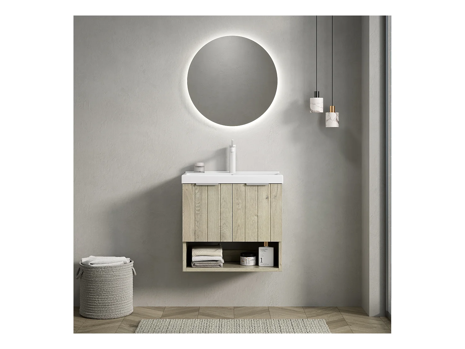 Meuble-lavabo mural avec vasque en céramique, design moderne, contreplaqué et chêne blanc, 2 portes et étagère ouverte (55x32x53 cm)