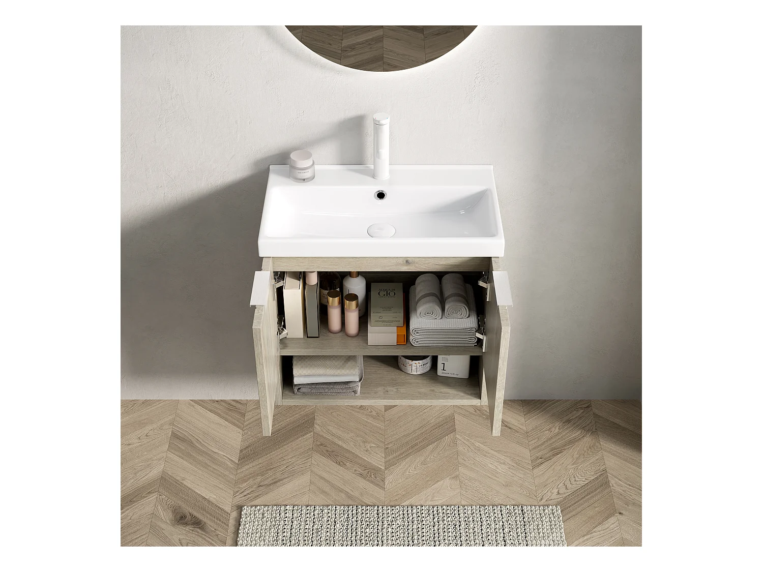 Meuble-lavabo mural avec vasque en céramique, design moderne, contreplaqué et chêne blanc, 2 portes et étagère ouverte (55x32x53 cm)