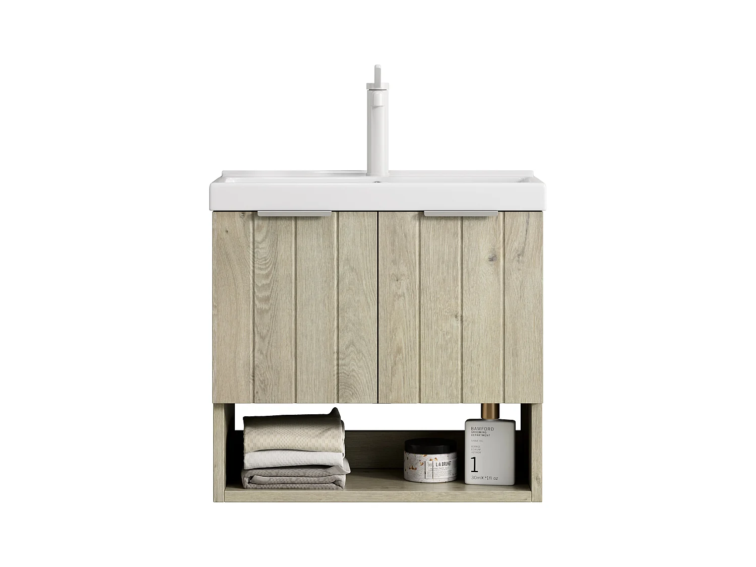 Meuble-lavabo mural avec vasque en céramique, design moderne, contreplaqué et chêne blanc, 2 portes et étagère ouverte (55x32x53 cm)