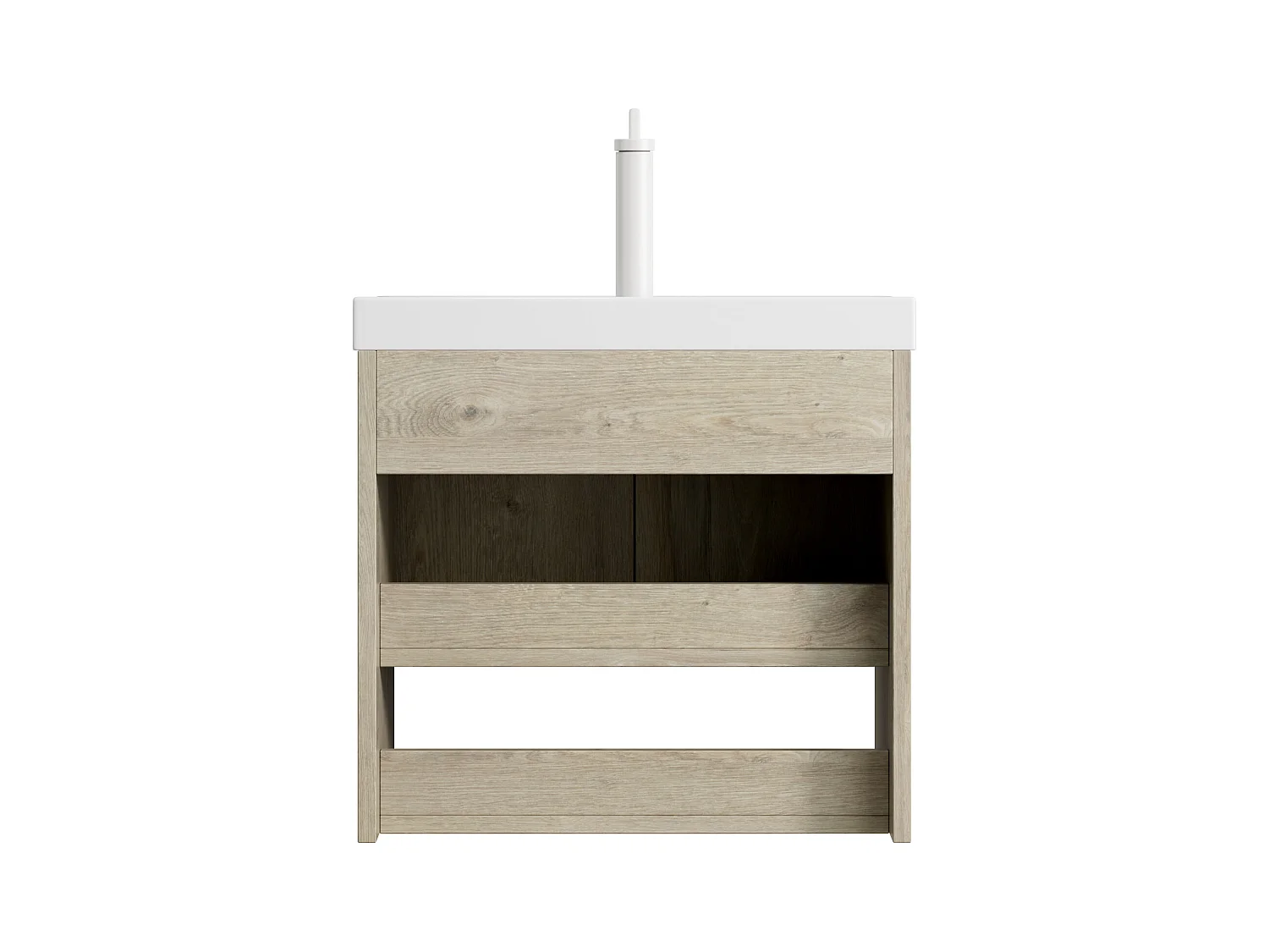 Meuble-lavabo mural avec vasque en céramique, design moderne, contreplaqué et chêne blanc, 2 portes et étagère ouverte (55x32x53 cm)