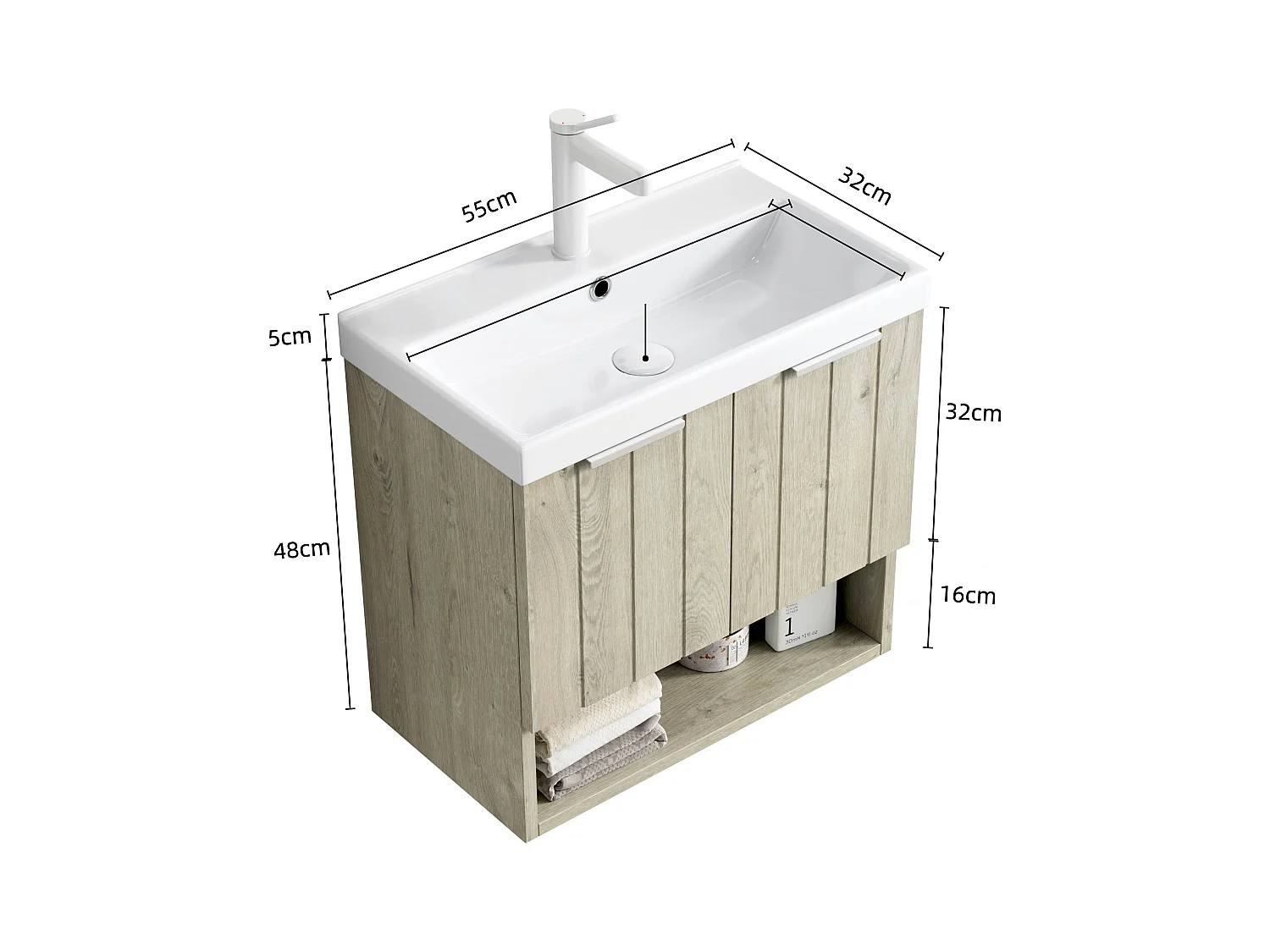 Meuble-lavabo mural avec vasque en céramique, design moderne, contreplaqué et chêne blanc, 2 portes et étagère ouverte (55x32x53 cm)