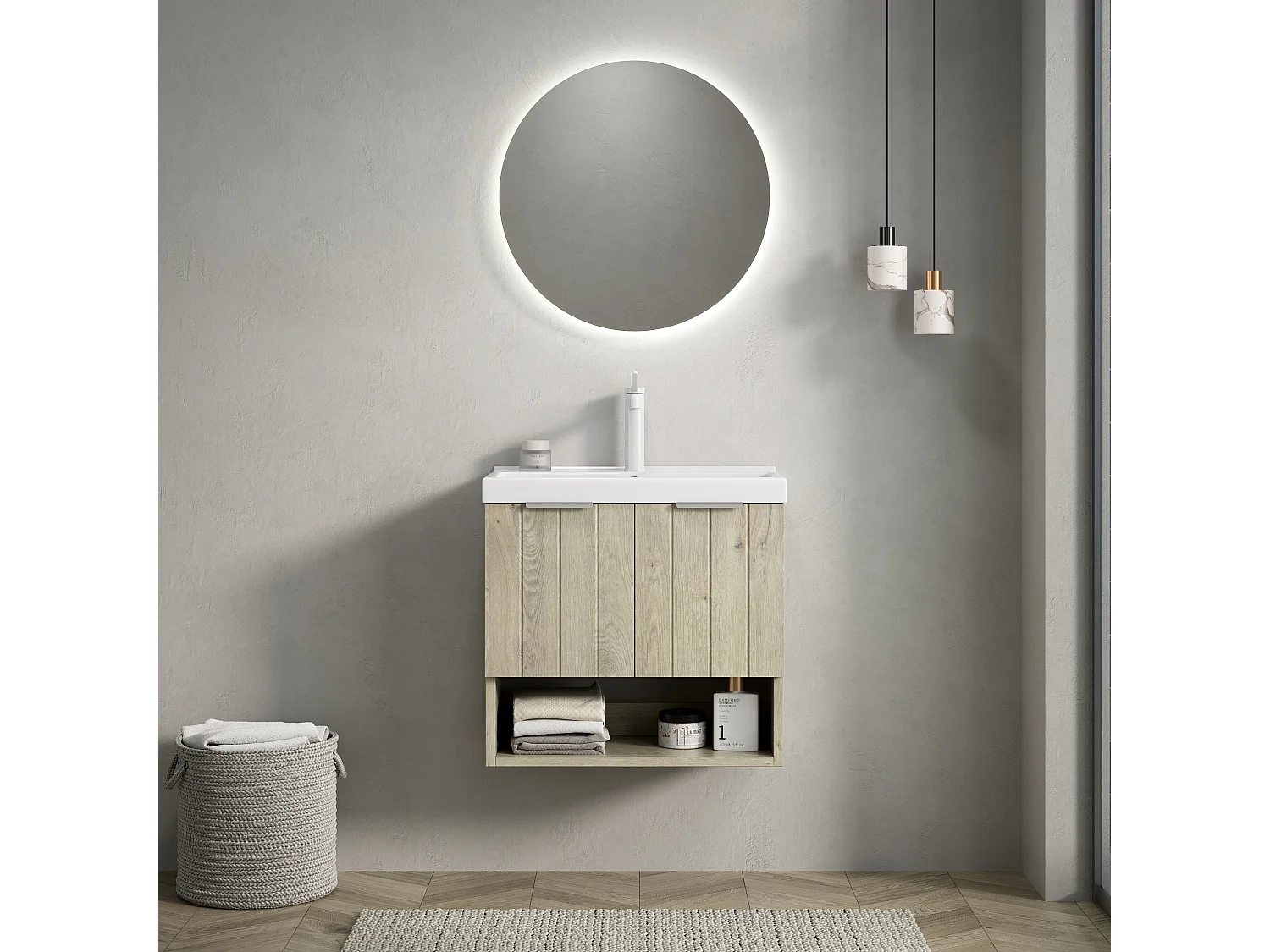 Wandmeubel met keramische wastafel, modern design, multiplex en wit eiken, 2 deuren en open plank (55x32x53 cm)