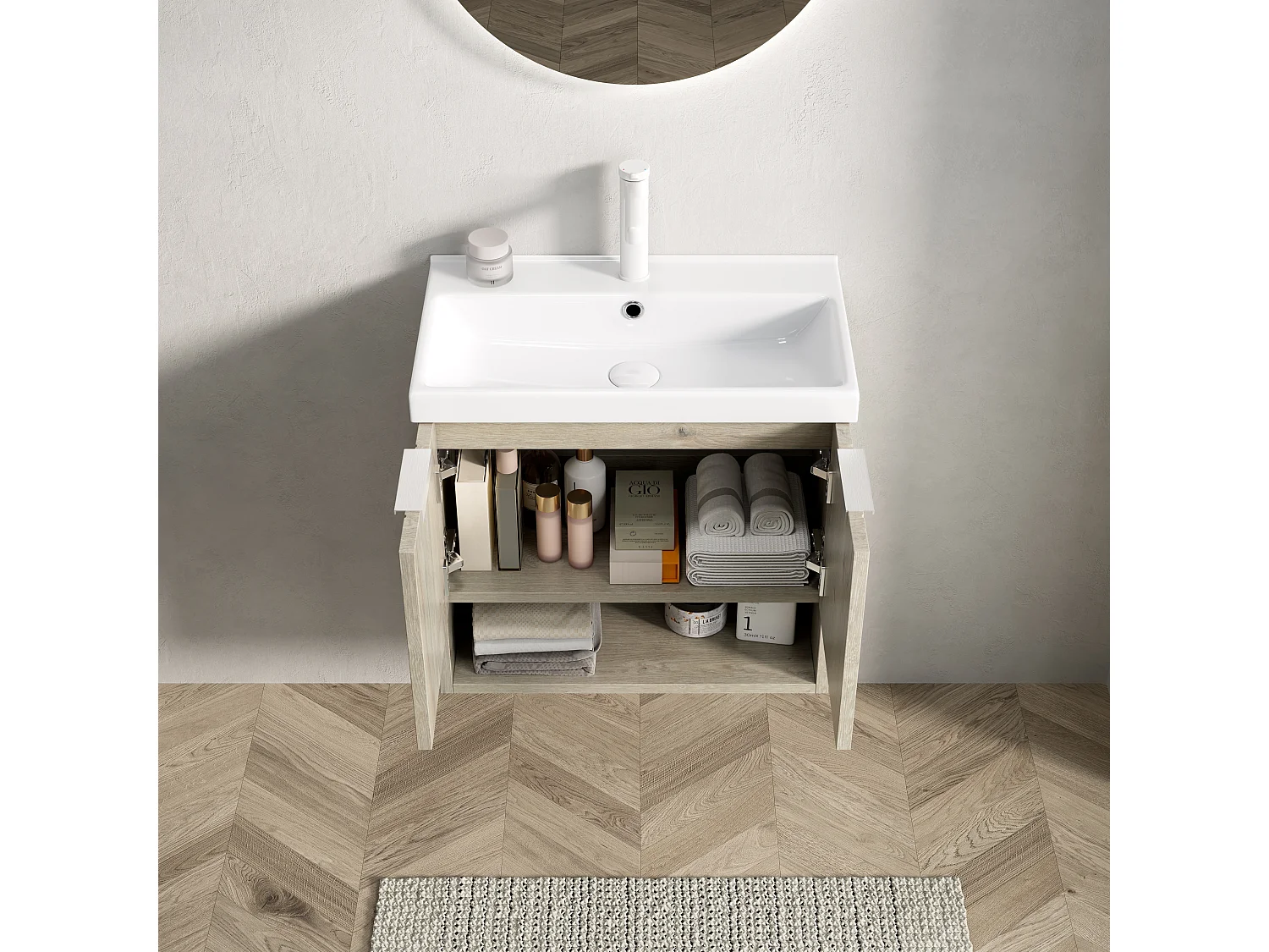 Wandmeubel met keramische wastafel, modern design, multiplex en wit eiken, 2 deuren en open plank (55x32x53 cm)