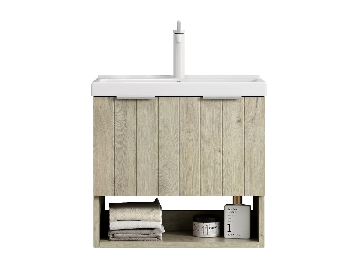 Wandmeubel met keramische wastafel, modern design, multiplex en wit eiken, 2 deuren en open plank (55x32x53 cm)