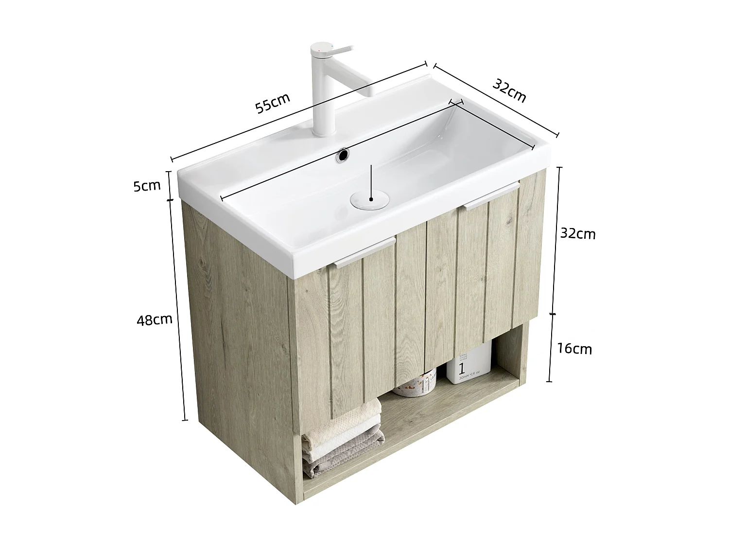 Wandmeubel met keramische wastafel, modern design, multiplex en wit eiken, 2 deuren en open plank (55x32x53 cm)