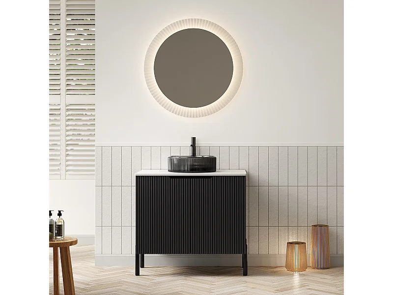 Lavabo de salle de bain indépendant avec vasque en verre noir transparent, plan de travail en pierre de Carrara blanche sinterisée (76x48x87cm)