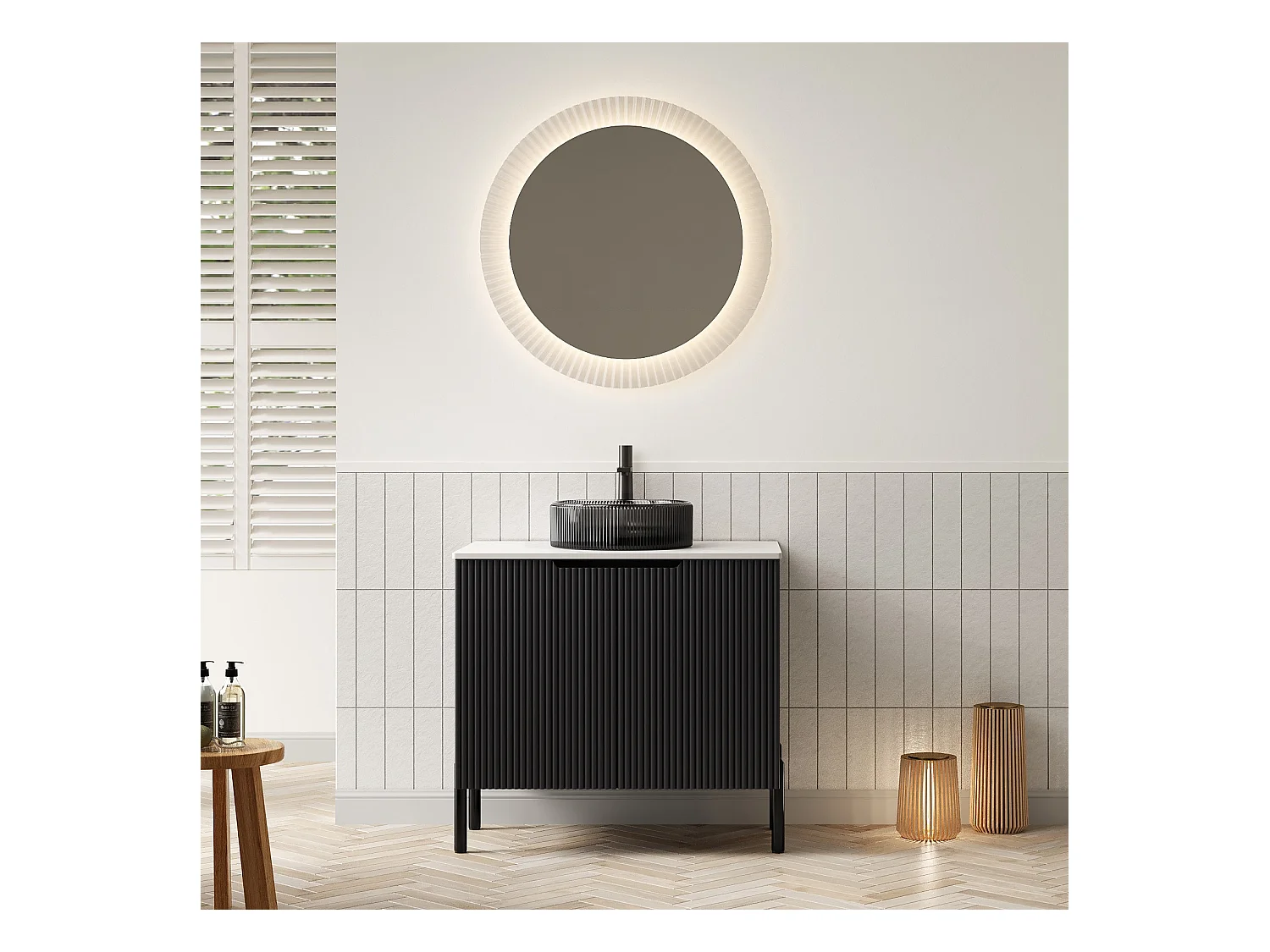 Lavabo de salle de bain indépendant avec vasque en verre noir transparent, plan de travail en pierre de Carrara blanche sinterisée (76x48x87cm)