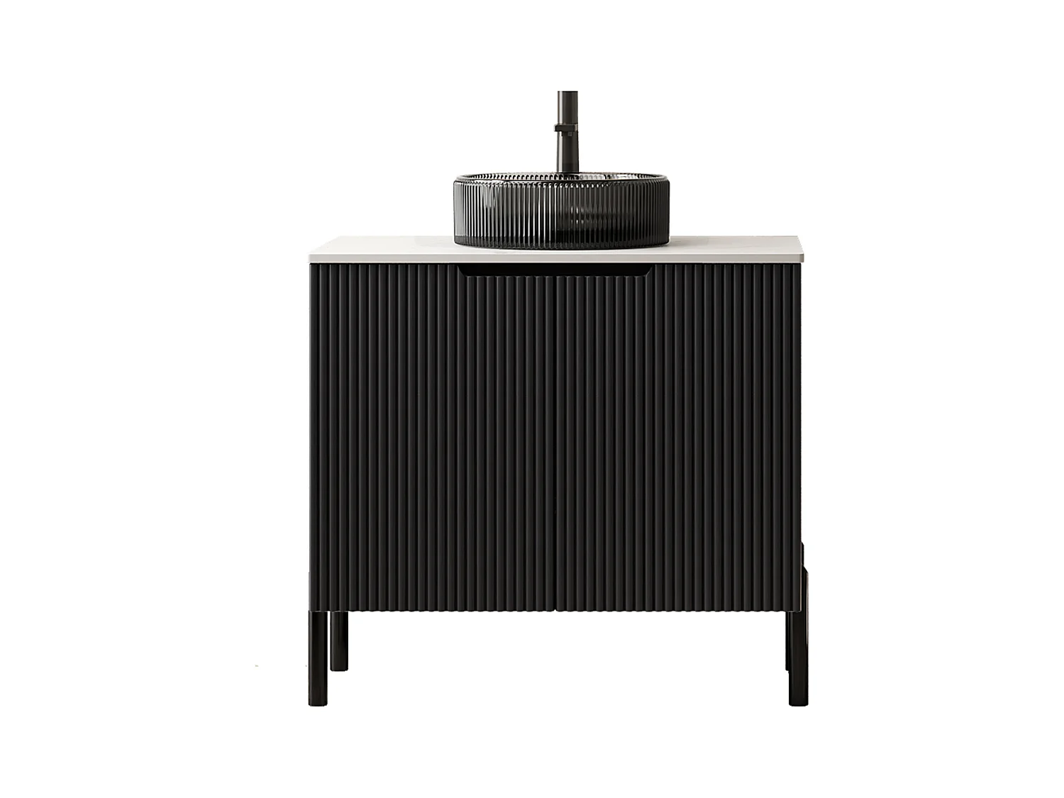 Lavabo de salle de bain indépendant avec vasque en verre noir transparent, plan de travail en pierre de Carrara blanche sinterisée (76x48x87cm)