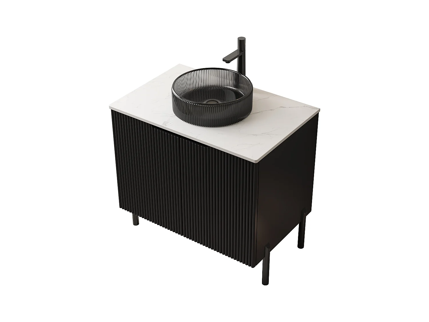 Lavabo de salle de bain indépendant avec vasque en verre noir transparent, plan de travail en pierre de Carrara blanche sinterisée (76x48x87cm)