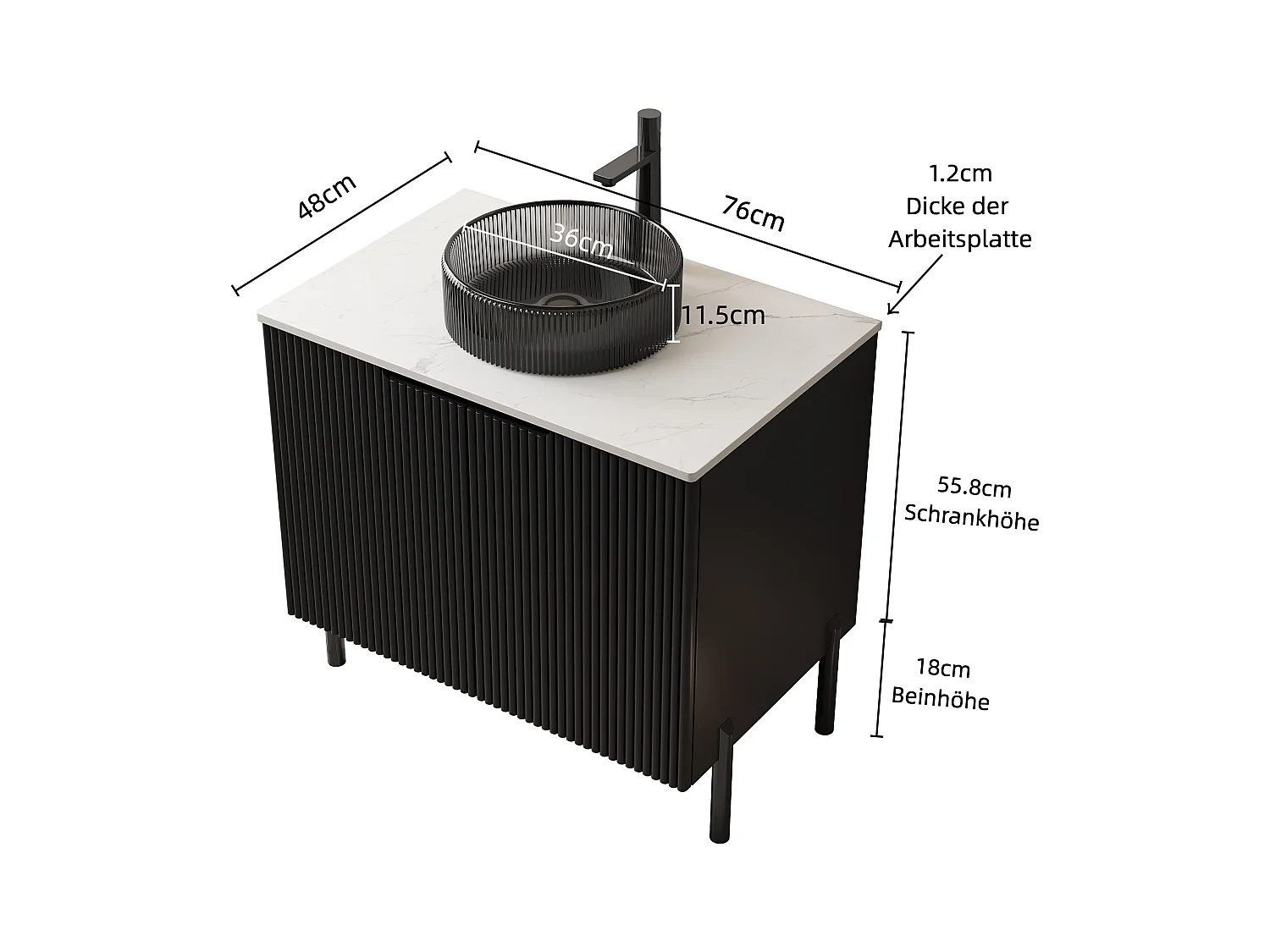Lavabo de salle de bain indépendant avec vasque en verre noir transparent, plan de travail en pierre de Carrara blanche sinterisée (76x48x87cm)