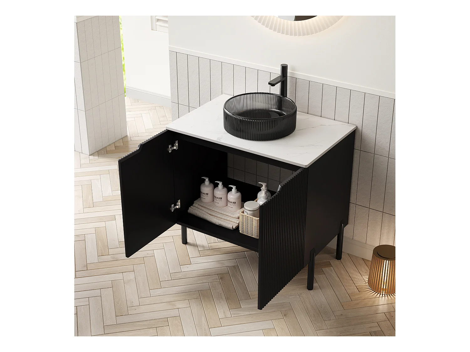 Lavabo de pie con cubeta de cristal negro transparente y encimera de piedra de Carrara blanca sinterizada (76x48x87cm)