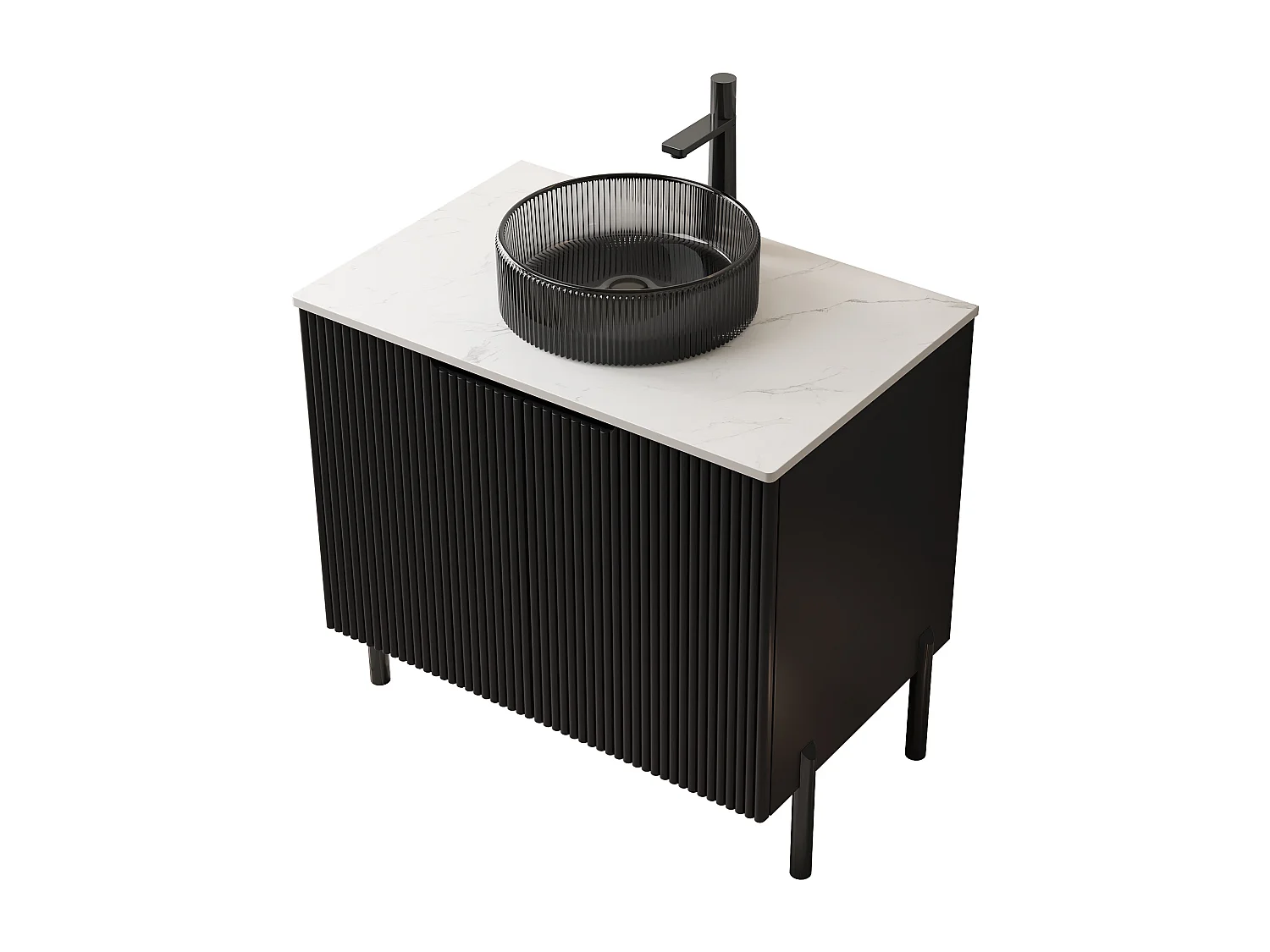 Lavabo de pie con cubeta de cristal negro transparente y encimera de piedra de Carrara blanca sinterizada (76x48x87cm)