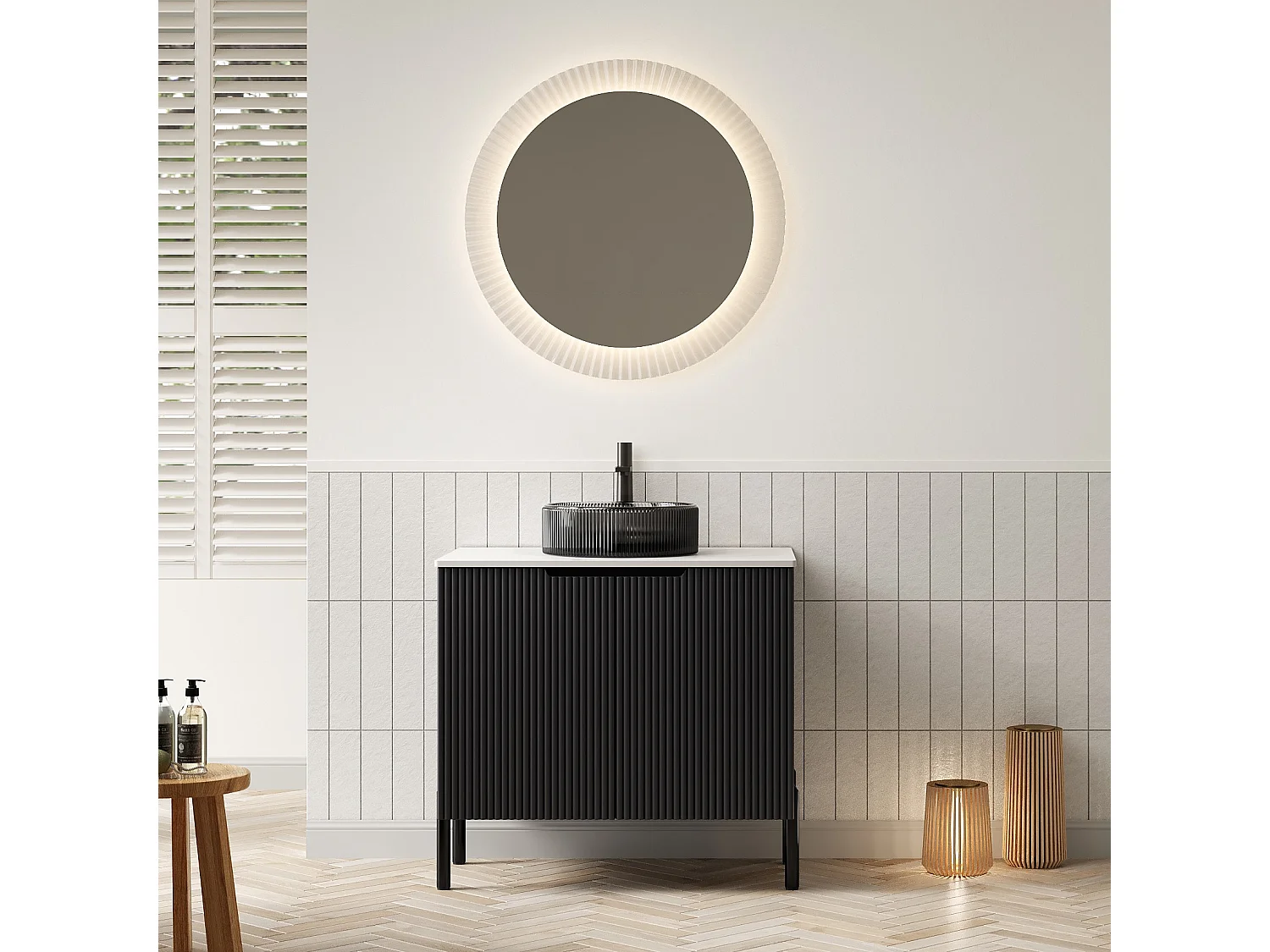 Vrijstaande wastafel met transparant zwart glazen kom, gesinterd wit Carrara stenen werkblad (76x48x87cm)