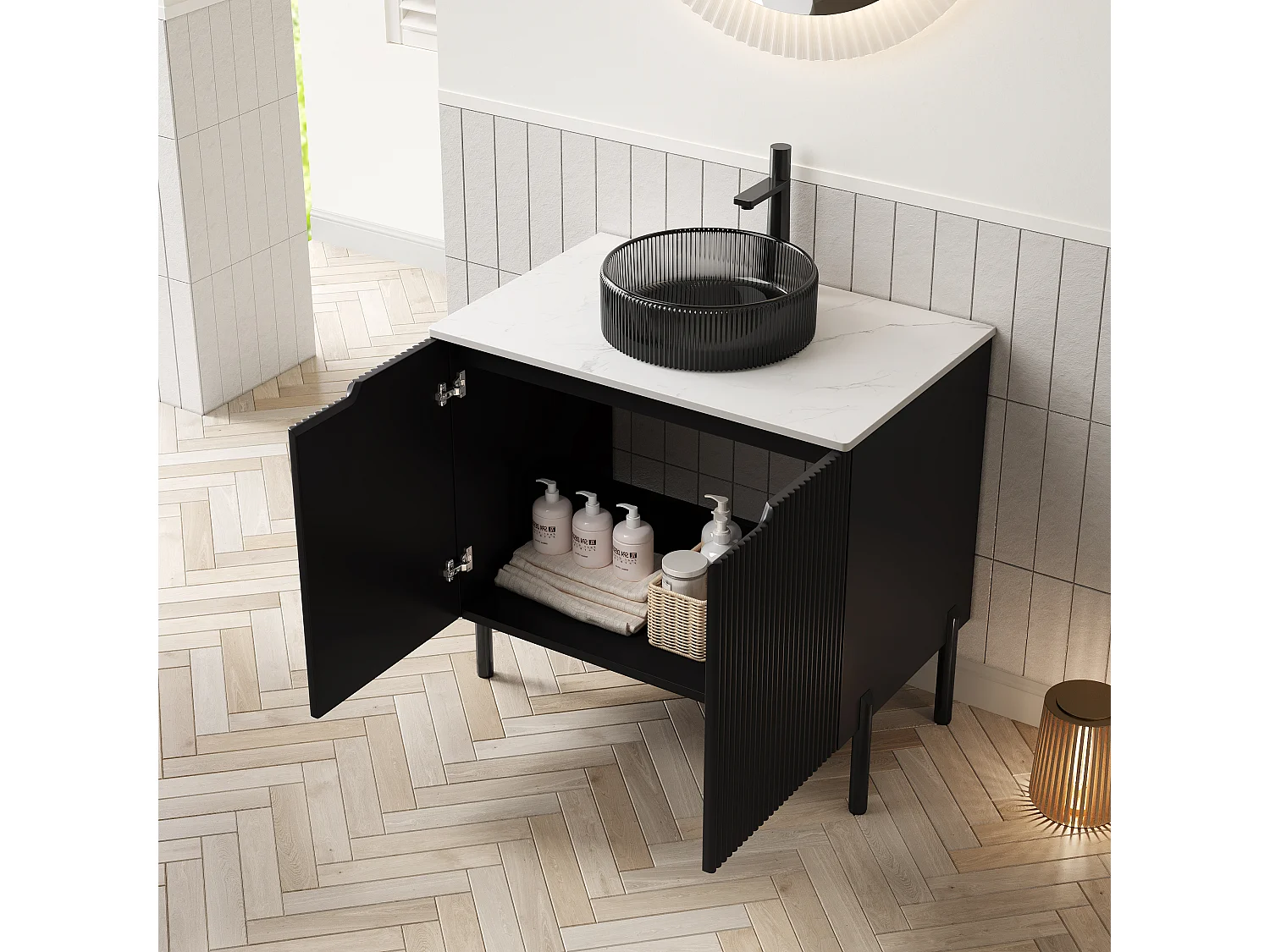 Vrijstaande wastafel met transparant zwart glazen kom, gesinterd wit Carrara stenen werkblad (76x48x87cm)