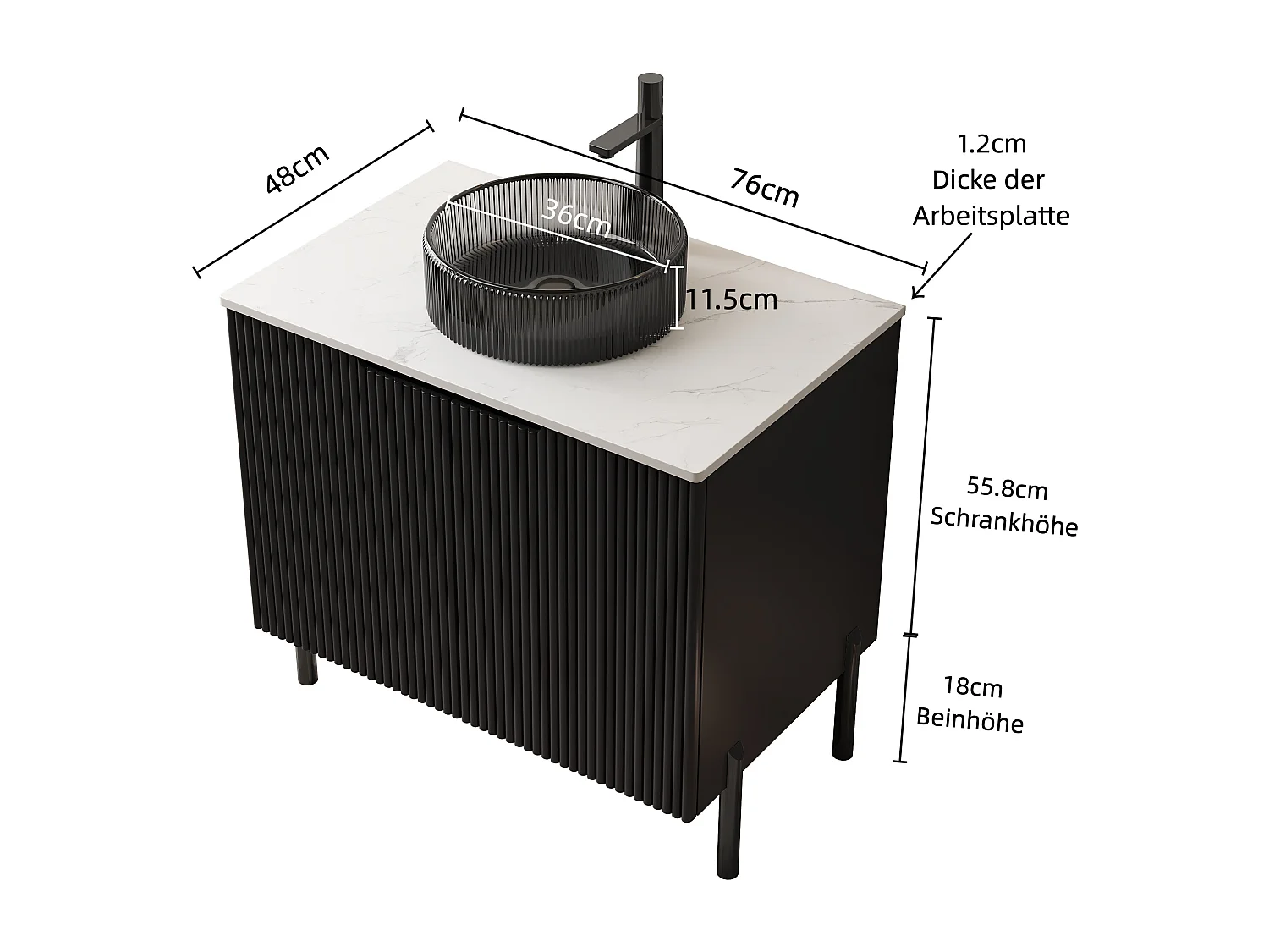 Vrijstaande wastafel met transparant zwart glazen kom, gesinterd wit Carrara stenen werkblad (76x48x87cm)