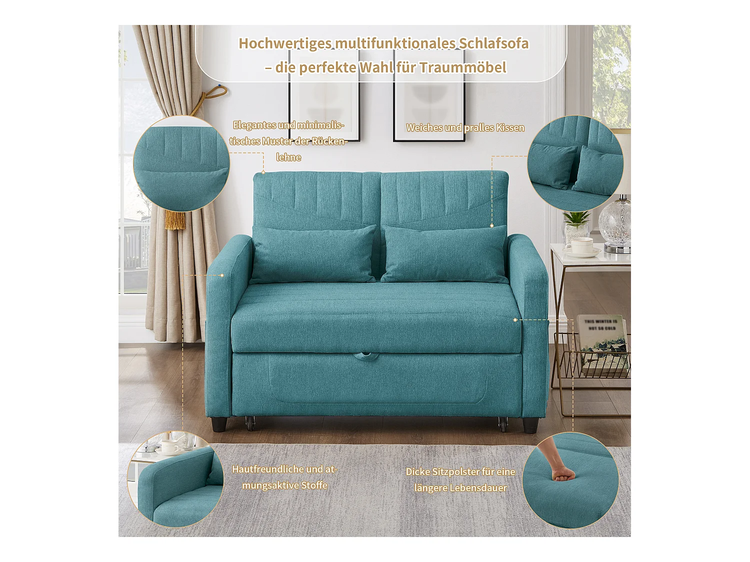 Canapé convertible en lit 2 places, design extensible, tissu lin-coton respirant, bleu-vert antique, dossier réglable 3 positions (114x77x82.5 cm)