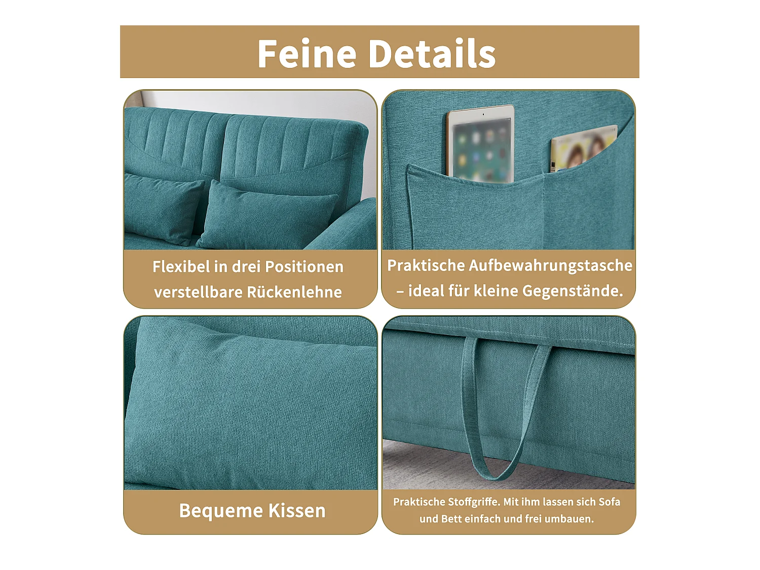 Canapé convertible en lit 2 places, design extensible, tissu lin-coton respirant, bleu-vert antique, dossier réglable 3 positions (114x77x82.5 cm)