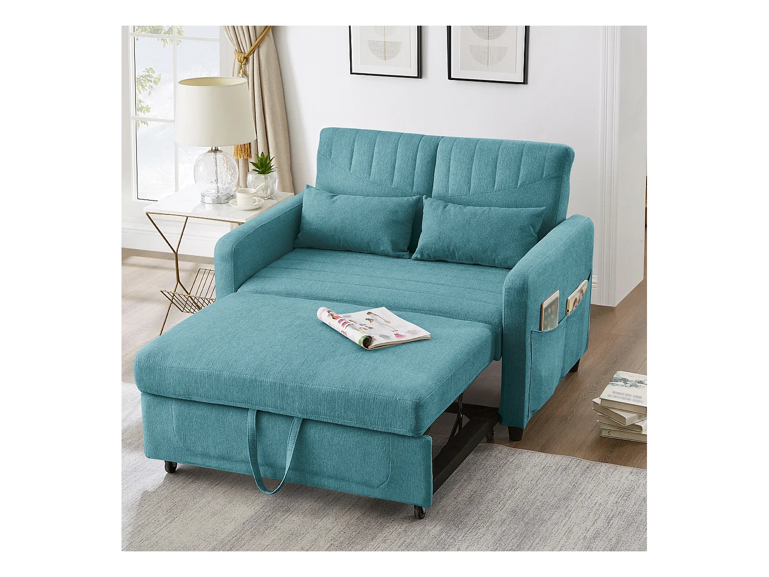 Canapé convertible en lit 2 places, design extensible, tissu lin-coton respirant, bleu-vert antique, dossier réglable 3 positions (114x77x82.5 cm)