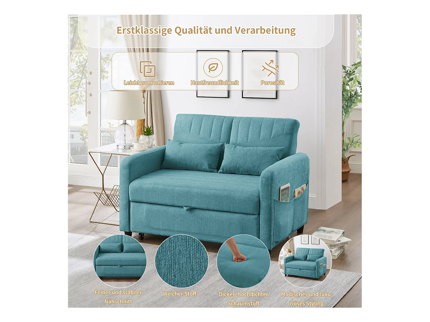 Slaapbank voor 2 personen, uitschuifbaar, ademend linnen-katoenen stof, antiek blauwgroen, 3-voudig verstelbare rugleuning (114x77x82,5 cm)