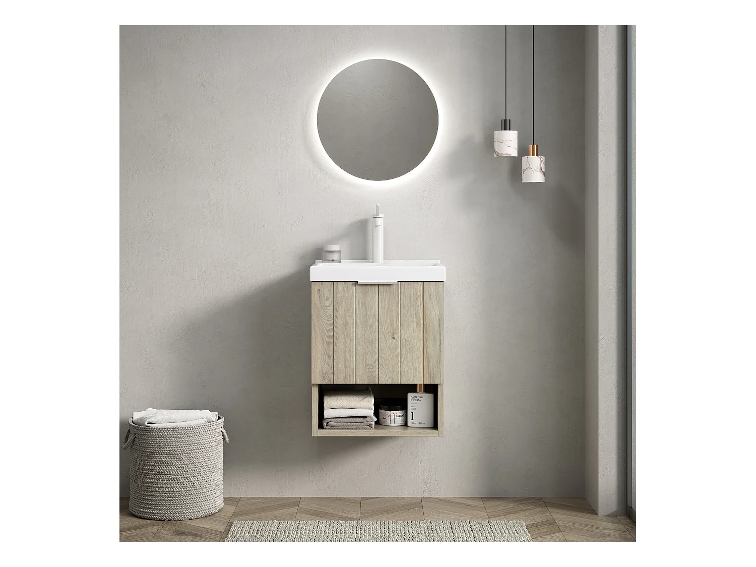 Meuble-lavabo mural avec vasque en céramique, design moderne, chêne blanc, placard à doubles portes et étagère ouverte (42x32x53 cm)