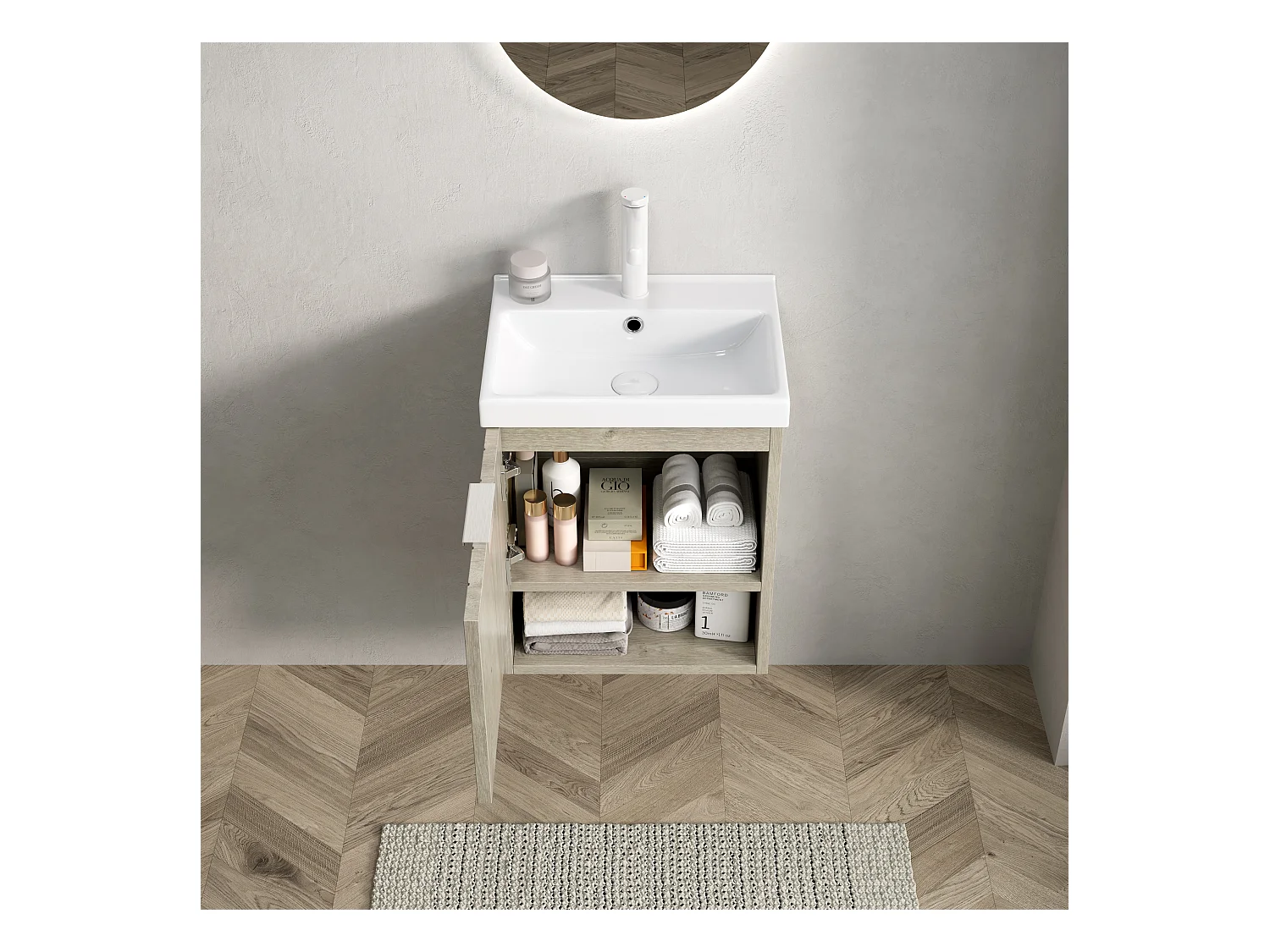 Meuble-lavabo mural avec vasque en céramique, design moderne, chêne blanc, placard à doubles portes et étagère ouverte (42x32x53 cm)