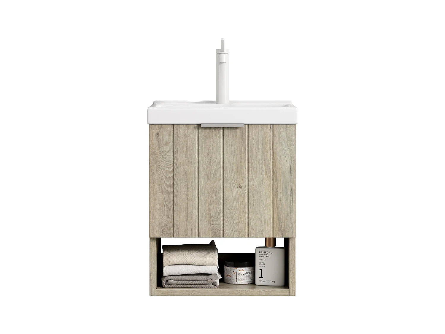 Meuble-lavabo mural avec vasque en céramique, design moderne, chêne blanc, placard à doubles portes et étagère ouverte (42x32x53 cm)