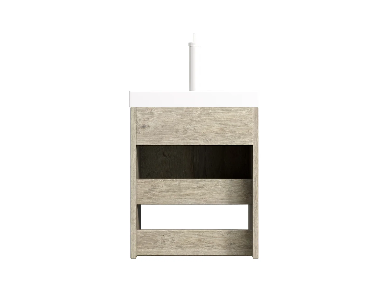 Meuble-lavabo mural avec vasque en céramique, design moderne, chêne blanc, placard à doubles portes et étagère ouverte (42x32x53 cm)