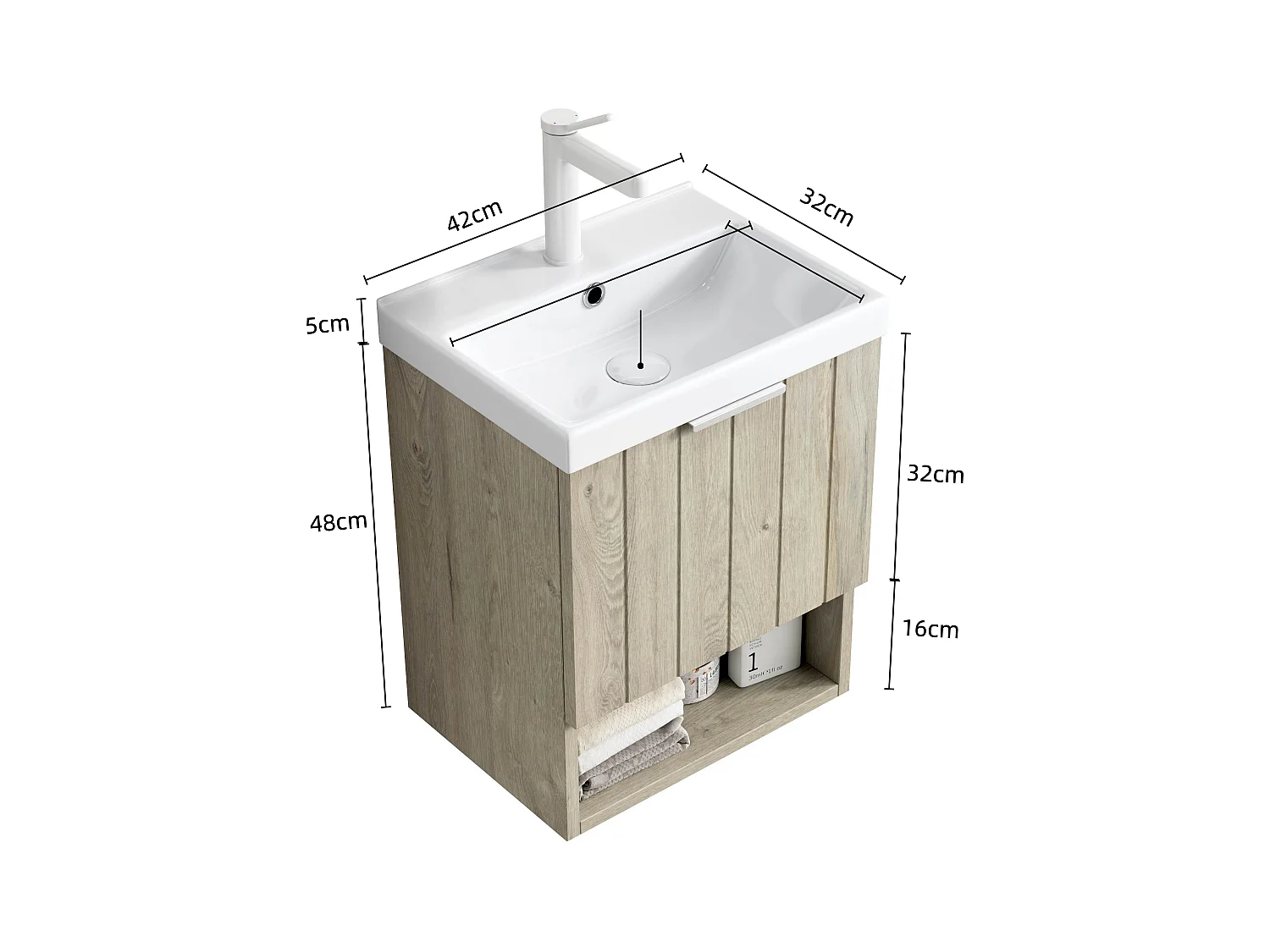Meuble-lavabo mural avec vasque en céramique, design moderne, chêne blanc, placard à doubles portes et étagère ouverte (42x32x53 cm)
