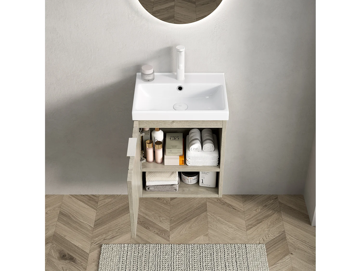 Meuble-lavabo mural avec vasque en céramique, design moderne, chêne blanc, placard à doubles portes et étagère ouverte (42x32x53 cm)
