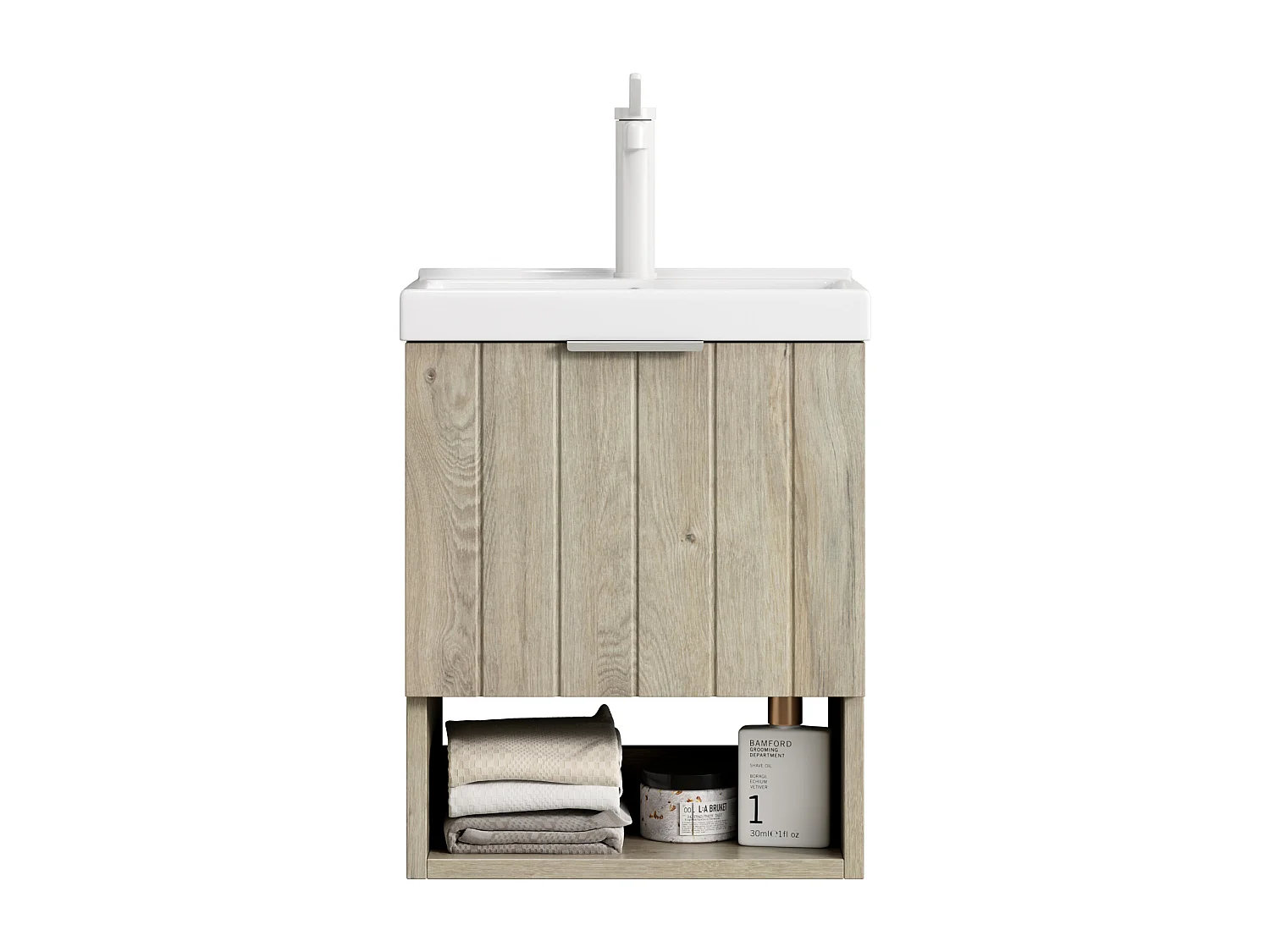 Meuble-lavabo mural avec vasque en céramique, design moderne, chêne blanc, placard à doubles portes et étagère ouverte (42x32x53 cm)
