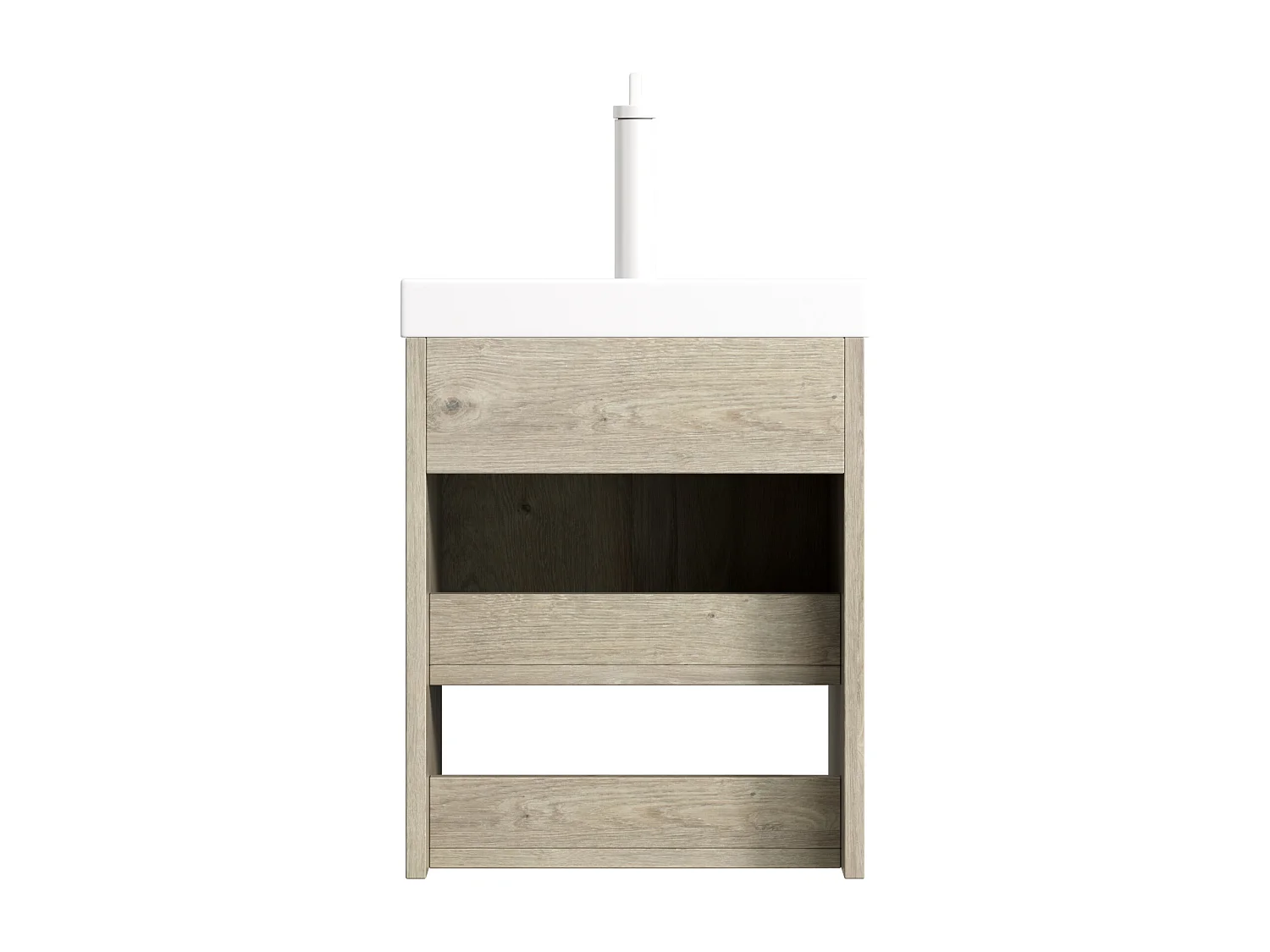 Meuble-lavabo mural avec vasque en céramique, design moderne, chêne blanc, placard à doubles portes et étagère ouverte (42x32x53 cm)