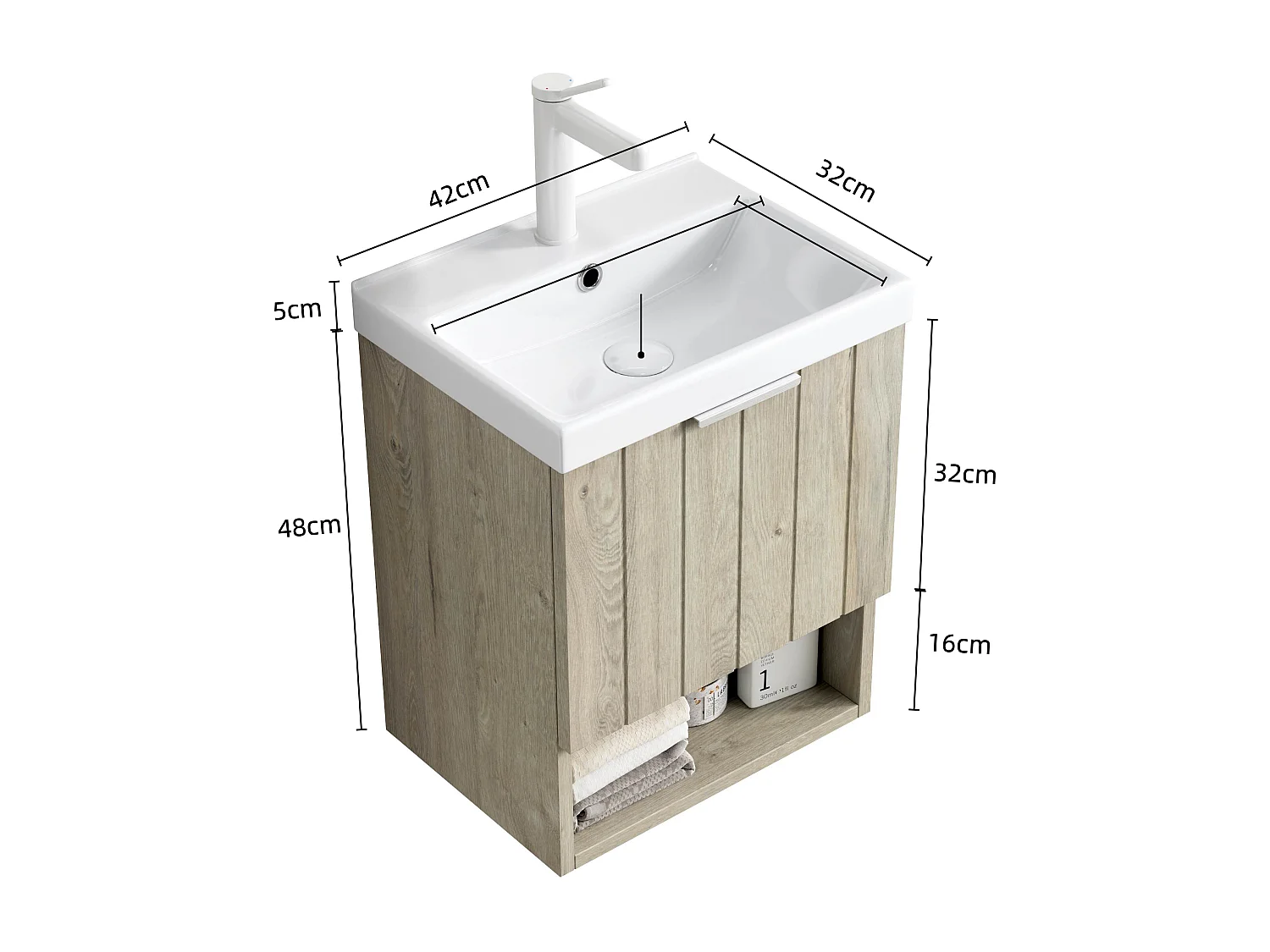 Meuble-lavabo mural avec vasque en céramique, design moderne, chêne blanc, placard à doubles portes et étagère ouverte (42x32x53 cm)