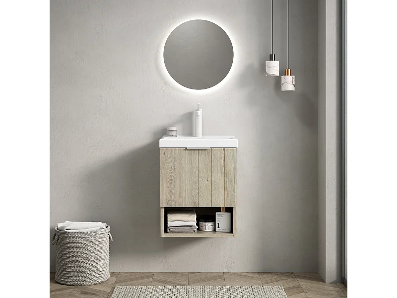 Meuble-lavabo mural avec vasque en céramique, design moderne, chêne blanc, placard à doubles portes et étagère ouverte (42x32x53 cm)