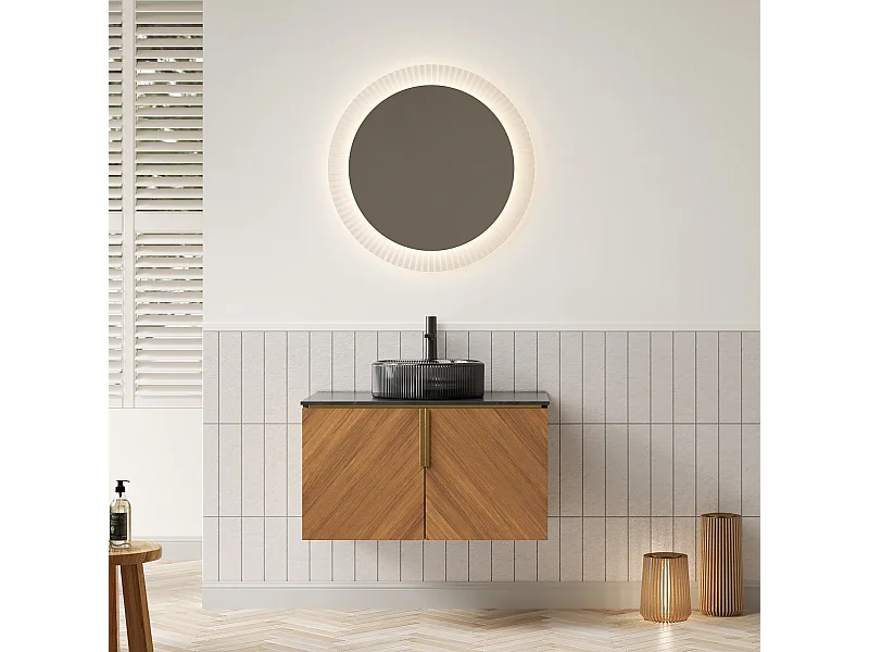 Meuble-lavabo mural avec vasque en verre noir transparent, plan de travail en pierre sinterisée noire, armoire en contreplaqué avec 2 portes