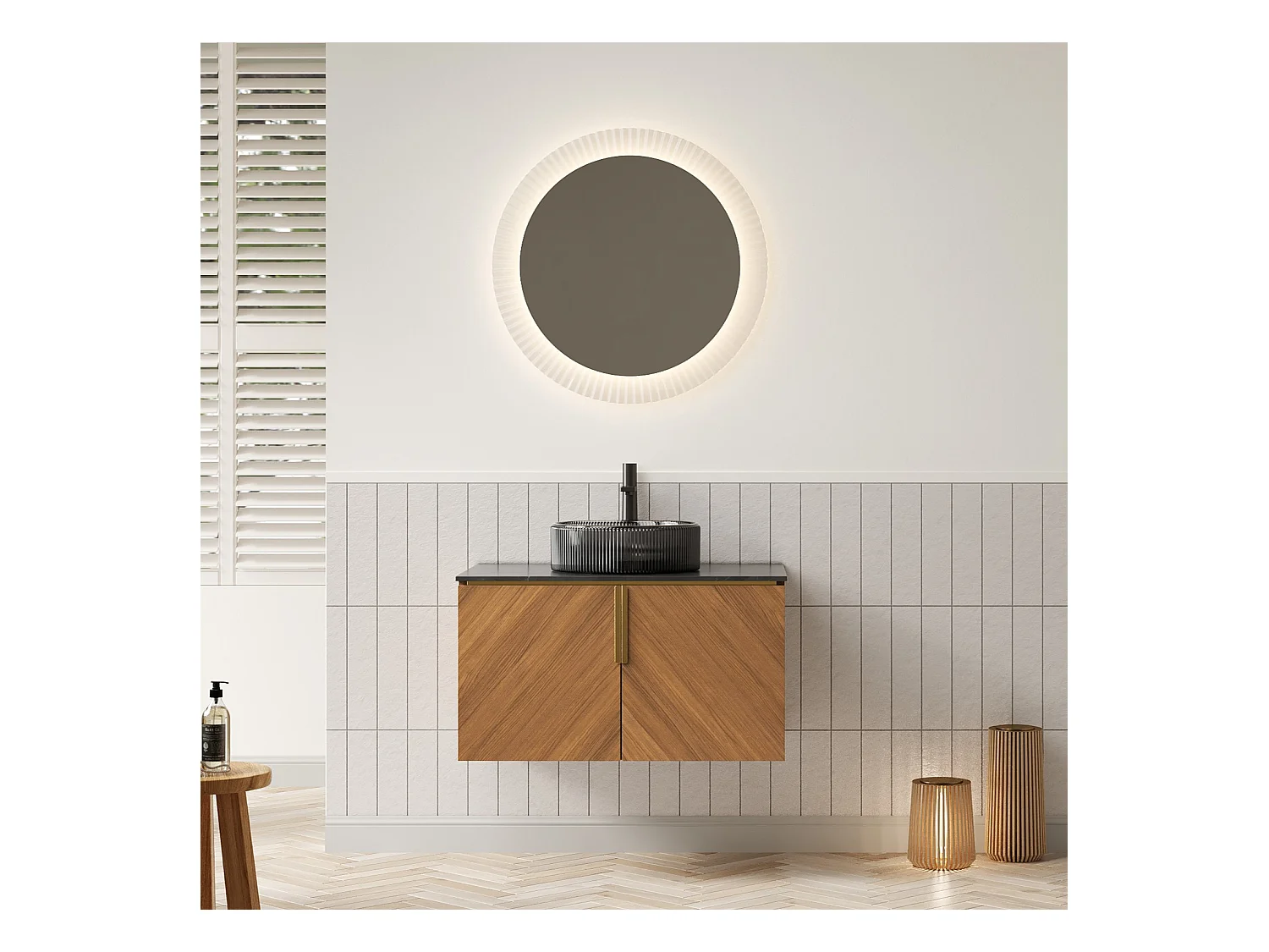 Meuble-lavabo mural avec vasque en verre noir transparent, plan de travail en pierre sinterisée noire, armoire en contreplaqué avec 2 portes