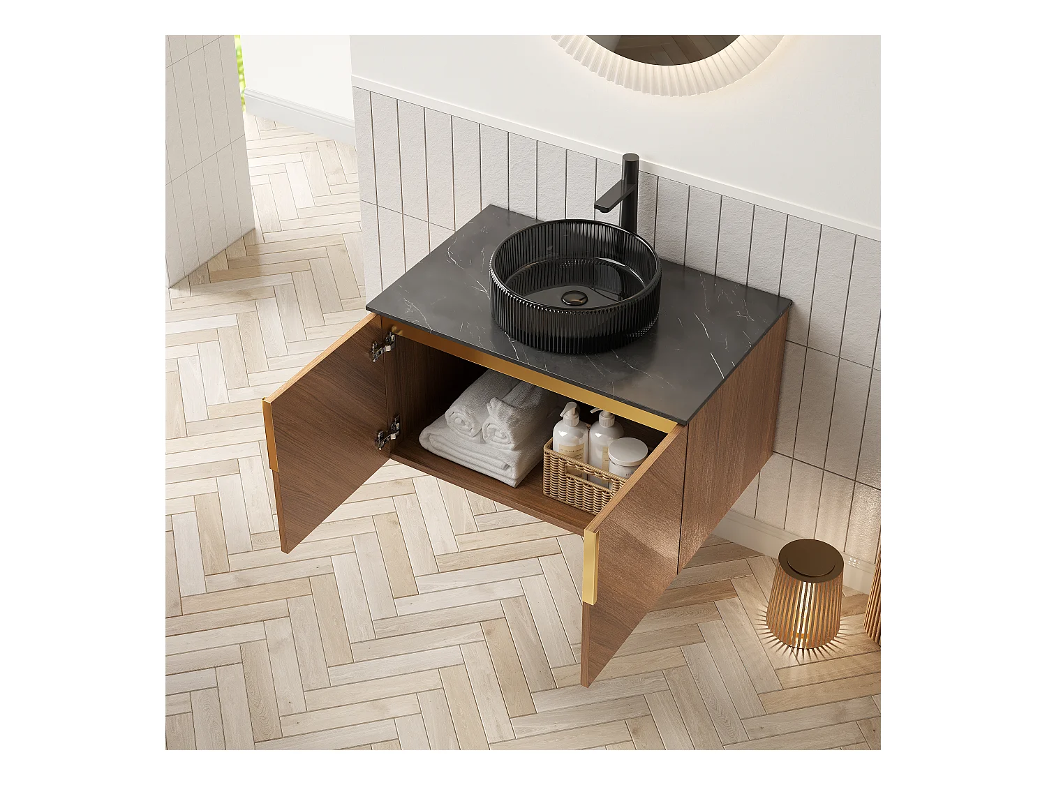 Meuble-lavabo mural avec vasque en verre noir transparent, plan de travail en pierre sinterisée noire, armoire en contreplaqué avec 2 portes