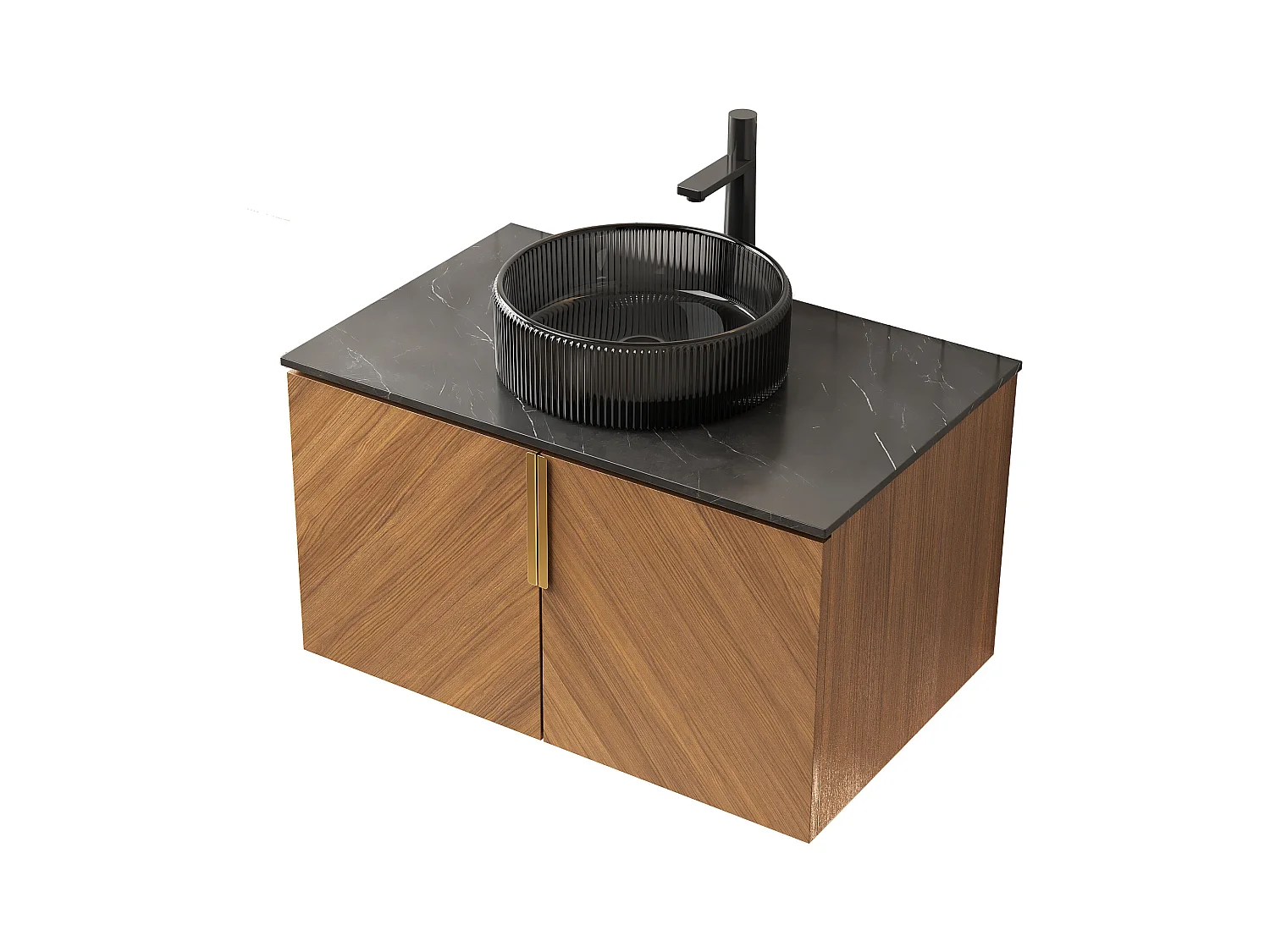 Meuble-lavabo mural avec vasque en verre noir transparent, plan de travail en pierre sinterisée noire, armoire en contreplaqué avec 2 portes