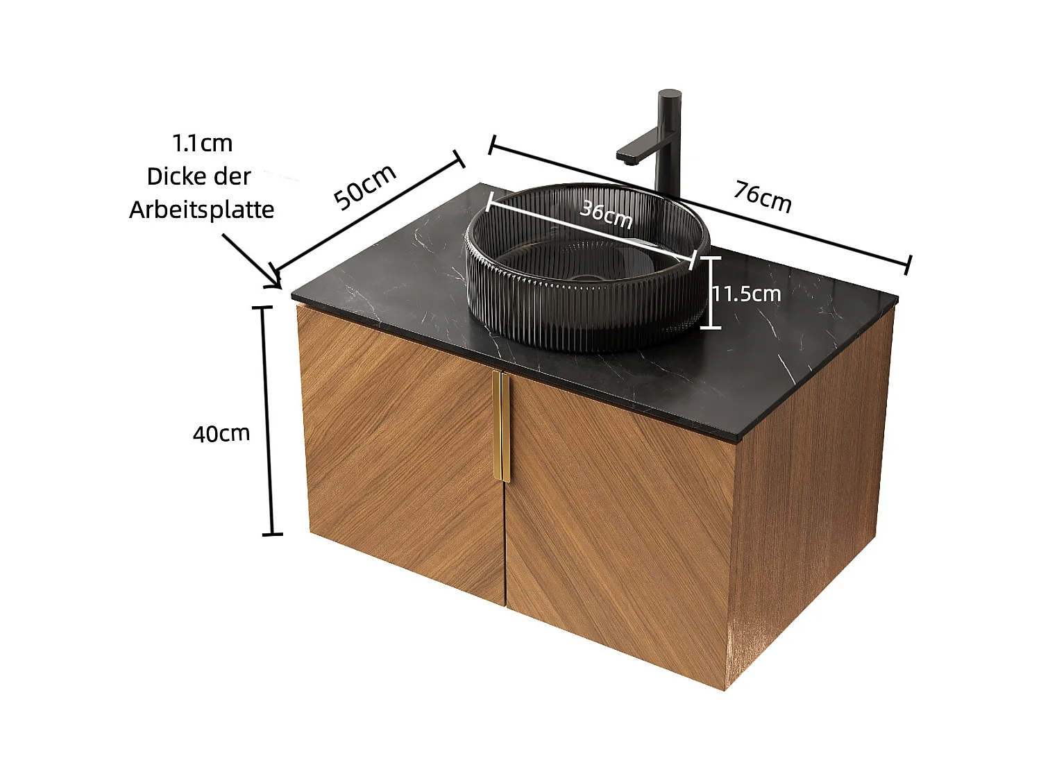 Meuble-lavabo mural avec vasque en verre noir transparent, plan de travail en pierre sinterisée noire, armoire en contreplaqué avec 2 portes