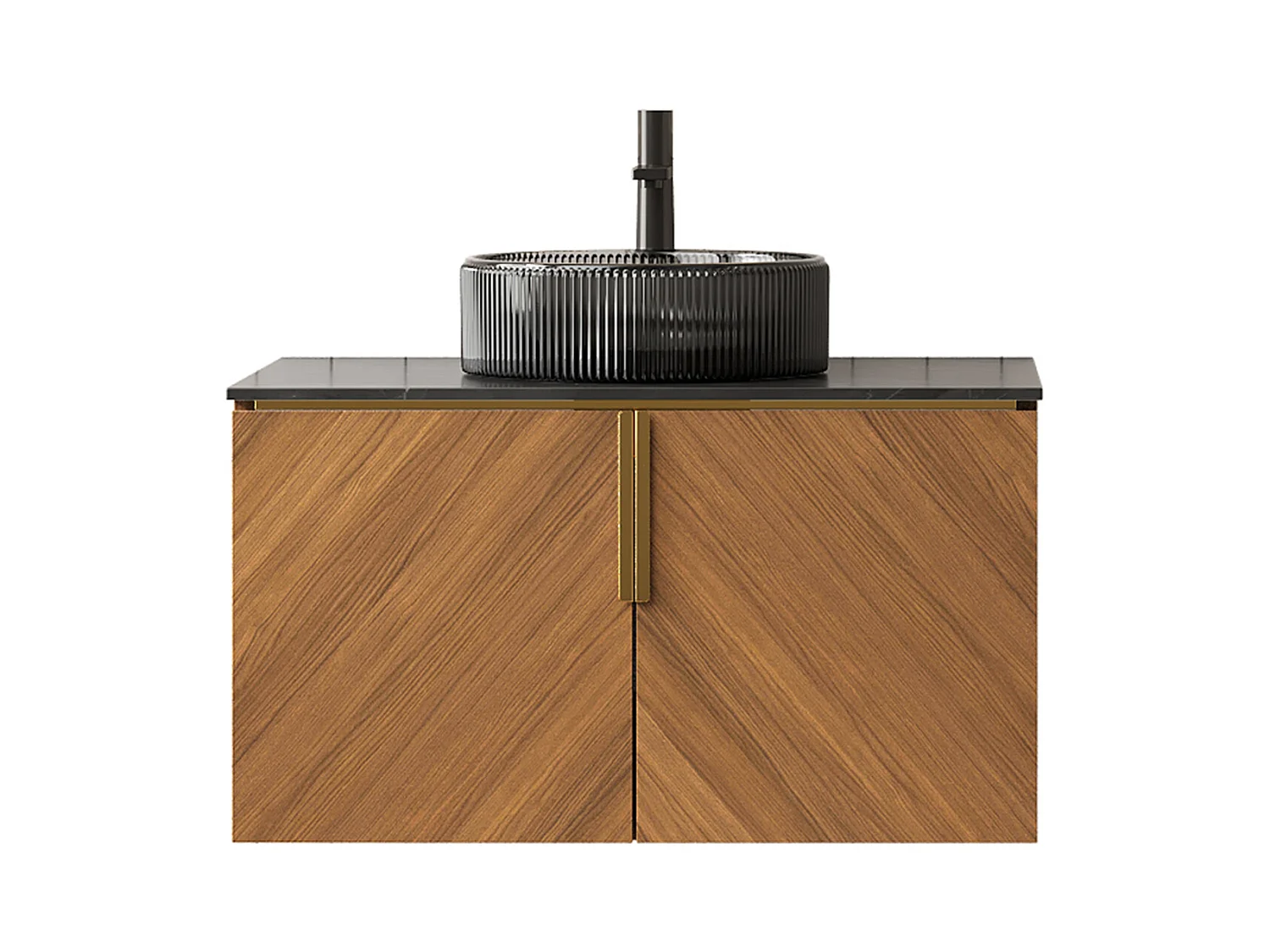 Meuble-lavabo mural avec vasque en verre noir transparent, plan de travail en pierre sinterisée noire, armoire en contreplaqué avec 2 portes