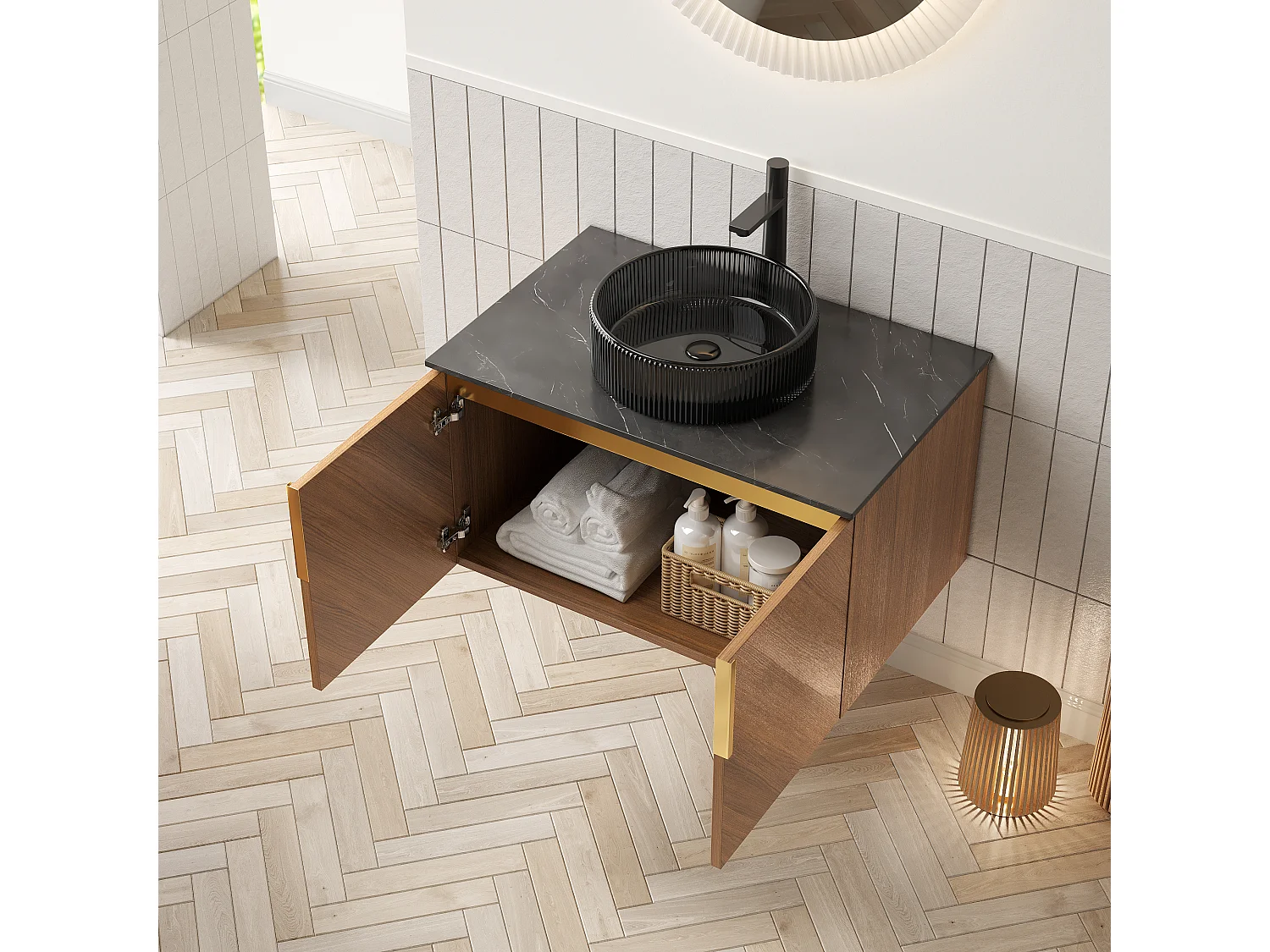 Meuble-lavabo mural avec vasque en verre noir transparent, plan de travail en pierre sinterisée noire, armoire en contreplaqué avec 2 portes
