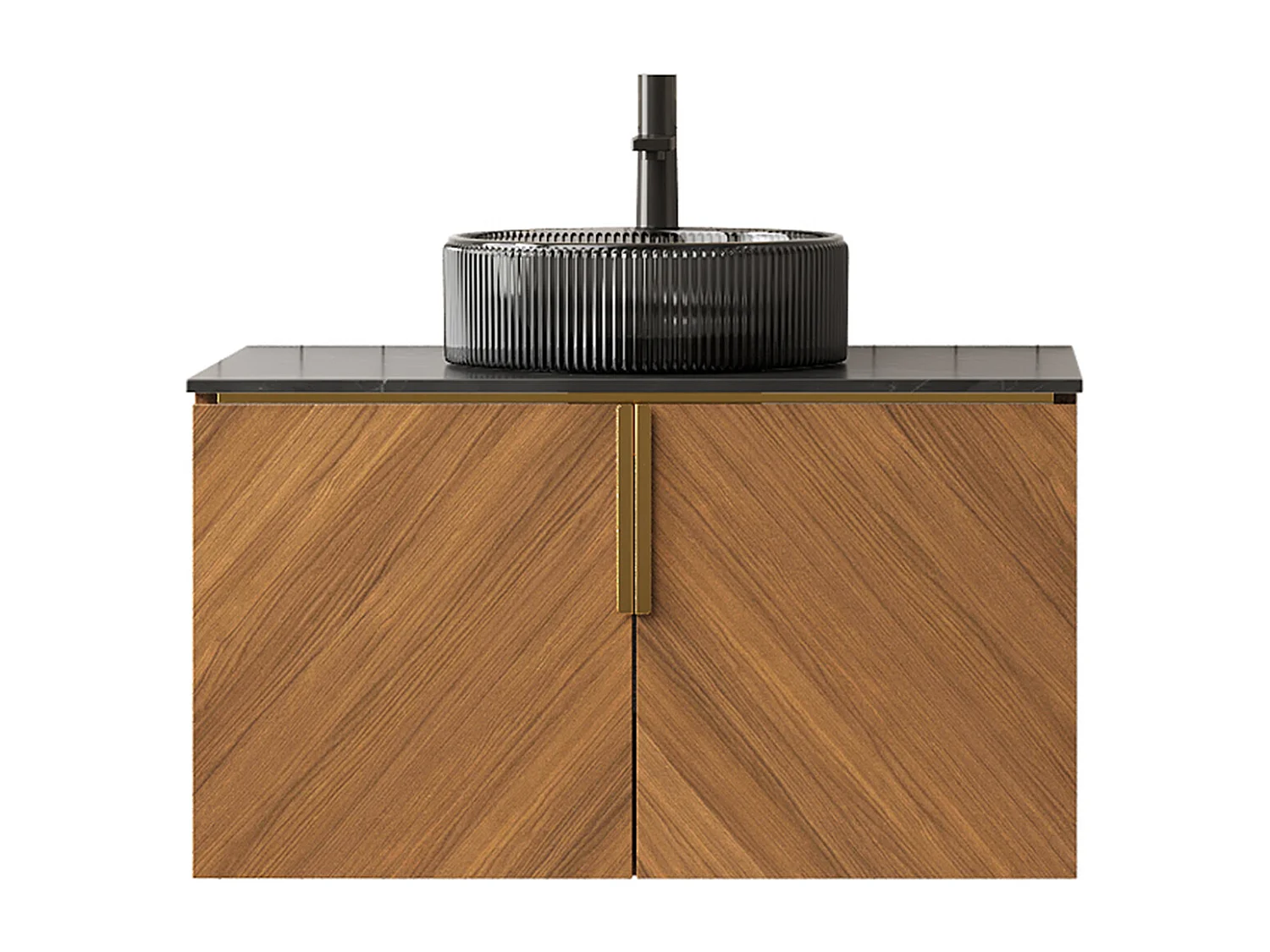 Meuble-lavabo mural avec vasque en verre noir transparent, plan de travail en pierre sinterisée noire, armoire en contreplaqué avec 2 portes