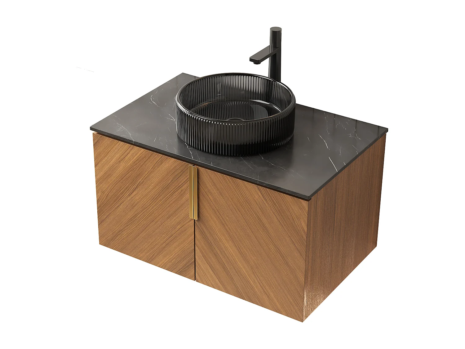 Meuble-lavabo mural avec vasque en verre noir transparent, plan de travail en pierre sinterisée noire, armoire en contreplaqué avec 2 portes