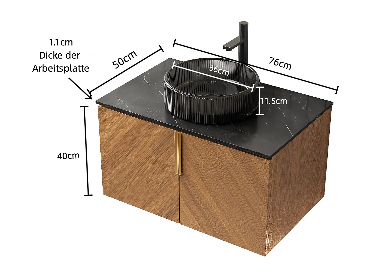 Meuble-lavabo mural avec vasque en verre noir transparent, plan de travail en pierre sinterisée noire, armoire en contreplaqué avec 2 portes