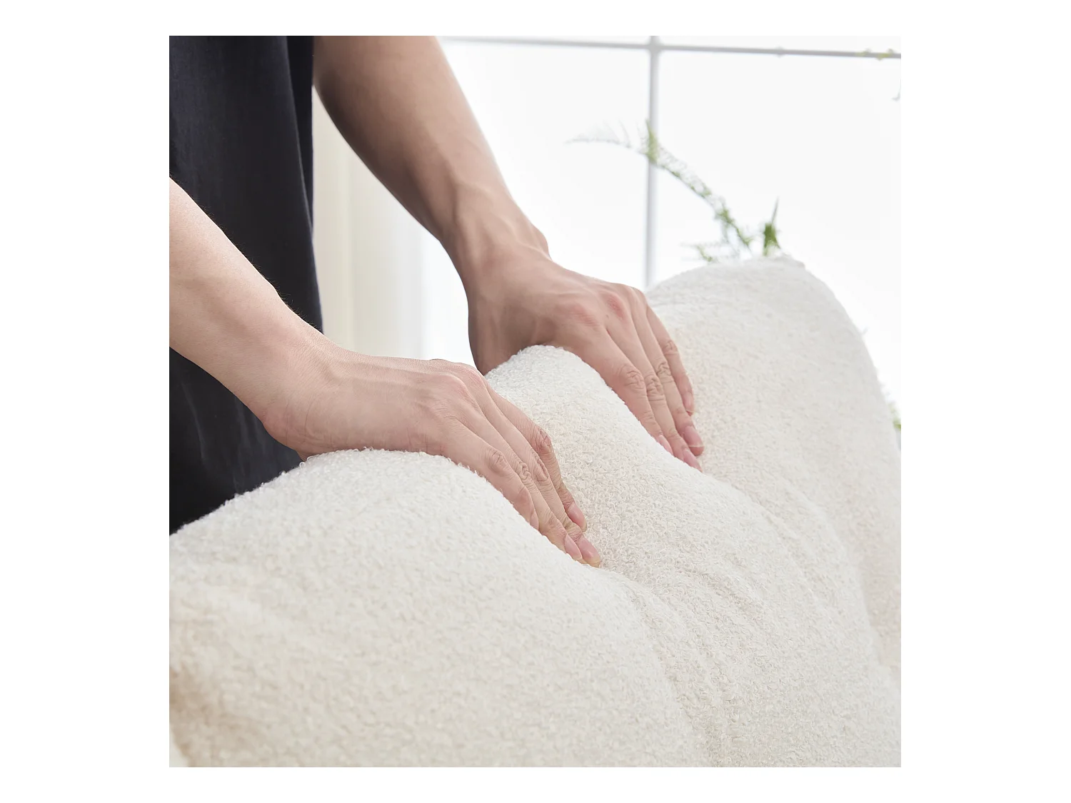 Canapé 2 places en tissu crêpe, structure élégante, rangement double tiroirs, ivoire (184x83x92 cm)