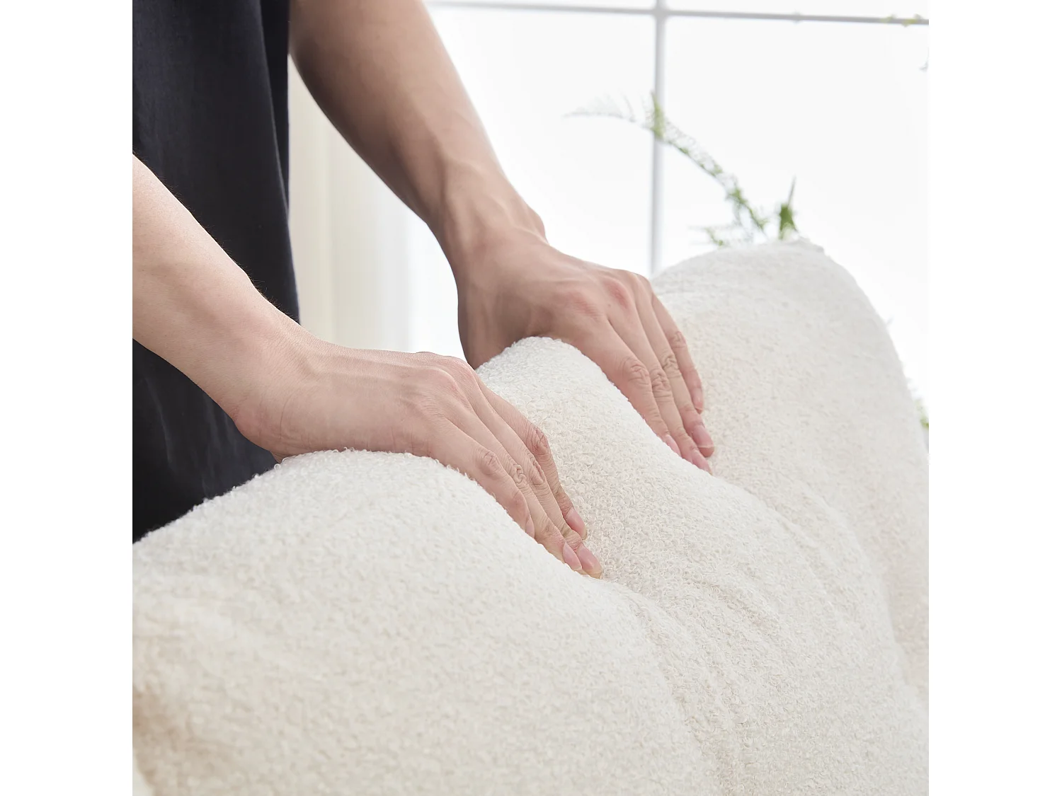 Canapé 2 places en tissu crêpe, structure élégante, rangement double tiroirs, ivoire (184x83x92 cm)