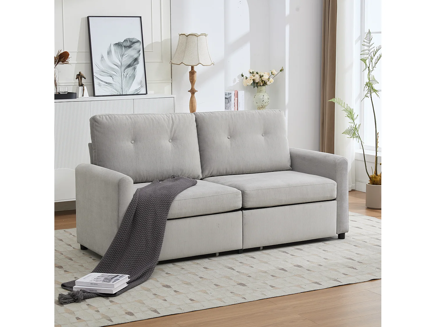 Lichtgrijze 2-zitsbank met geïntegreerde opbergruimte, duurzame stof, houten frame (184x83x92cm)