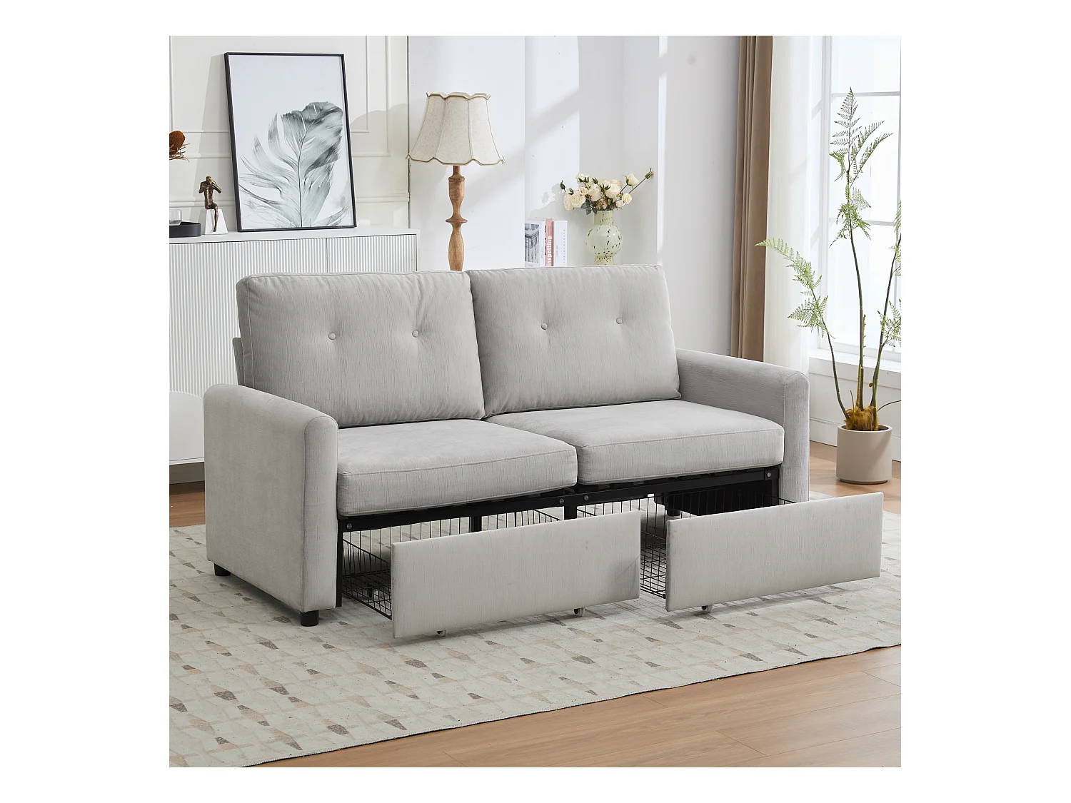 Lichtgrijze 2-zitsbank met geïntegreerde opbergruimte, duurzame stof, houten frame (184x83x92cm)