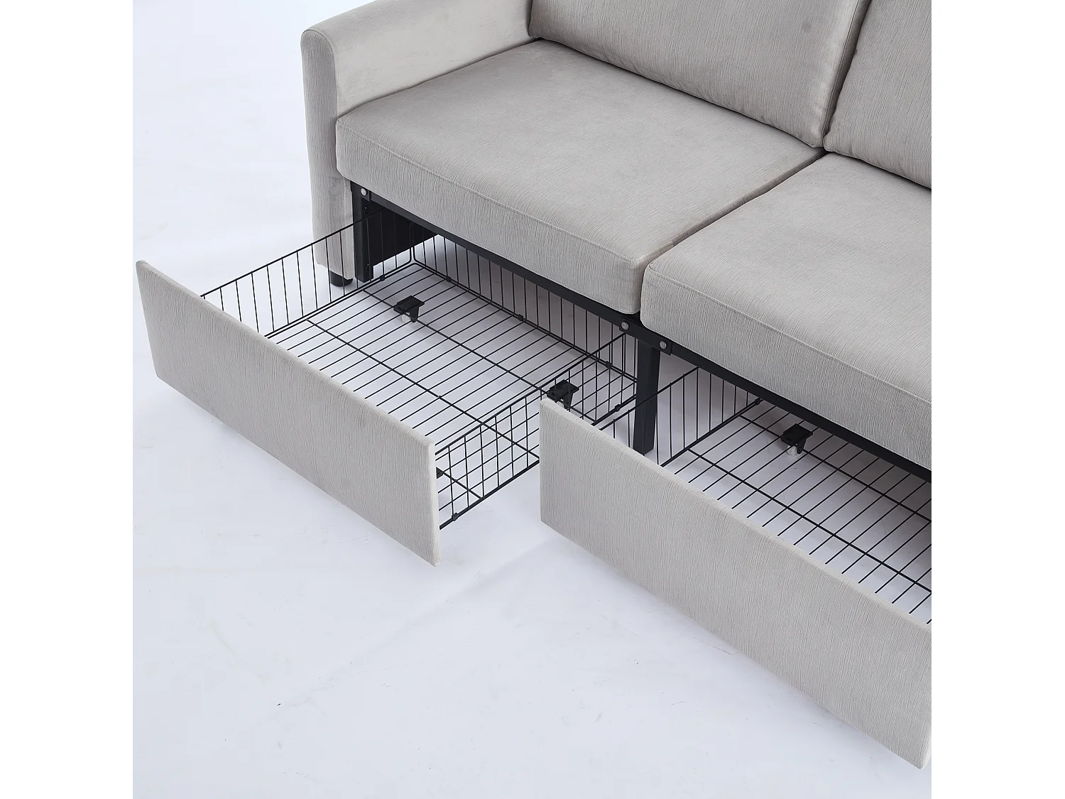 Canapé 2 places gris clair avec rangement intégré, tissu résistant, structure en bois (184x83x92cm)