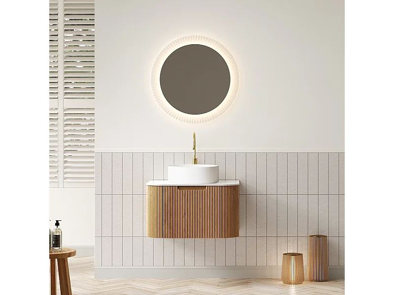 Wandwastafel met keramische waskom, werkblad van gesinterde steen en kast van multiplex, wit en naturel hout (61x48x49,1cm)