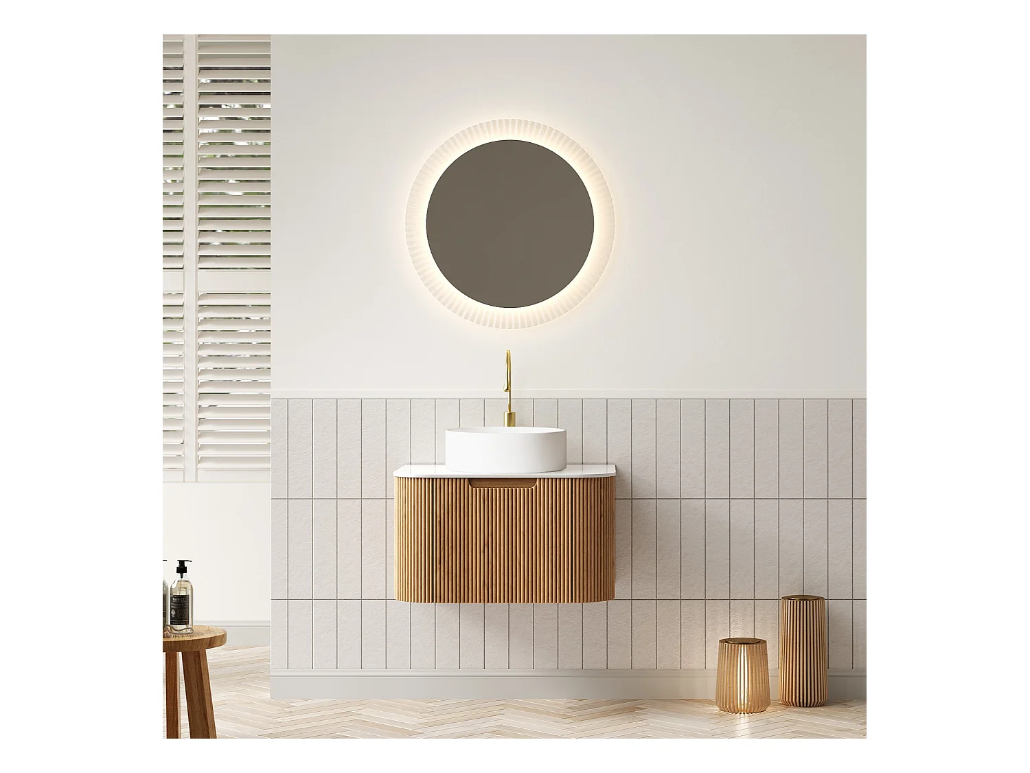 Lavabo mural suspendu avec vasque en céramique, plan de travail en pierre sinterisée et meuble en contreplaqué, blanc et bois naturel (61x48x49.1cm)
